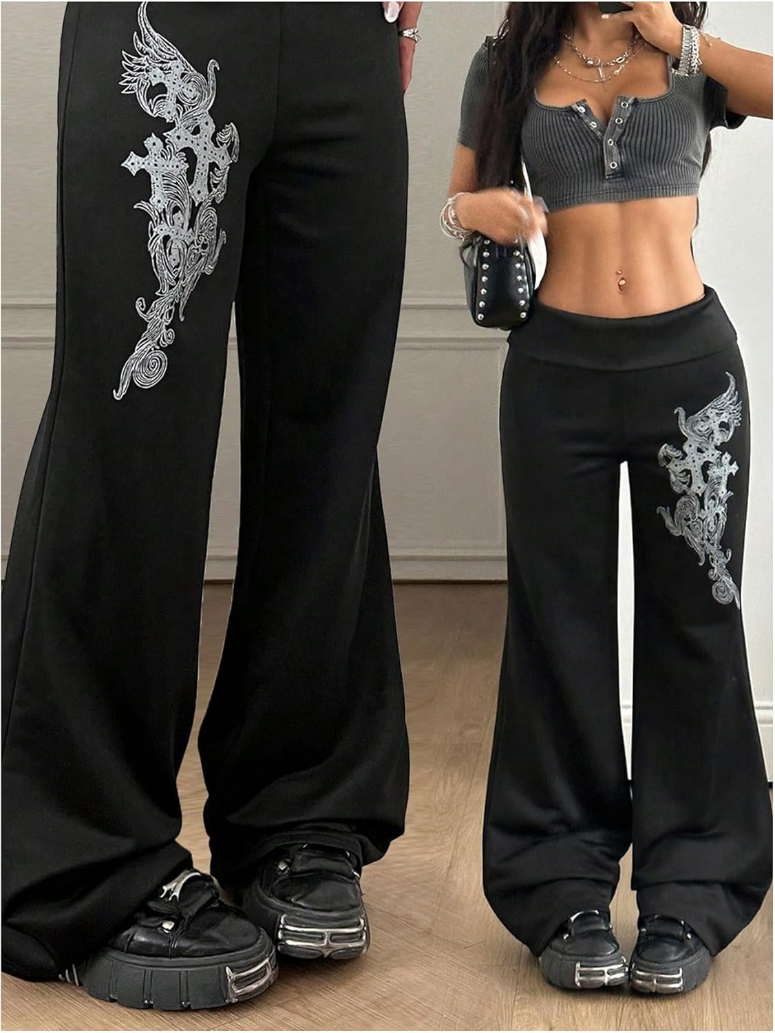 Milumia Women's Grunge Graphic Fold Over Flare Pants Elastic Low Waist Casual Trousers - Image 5