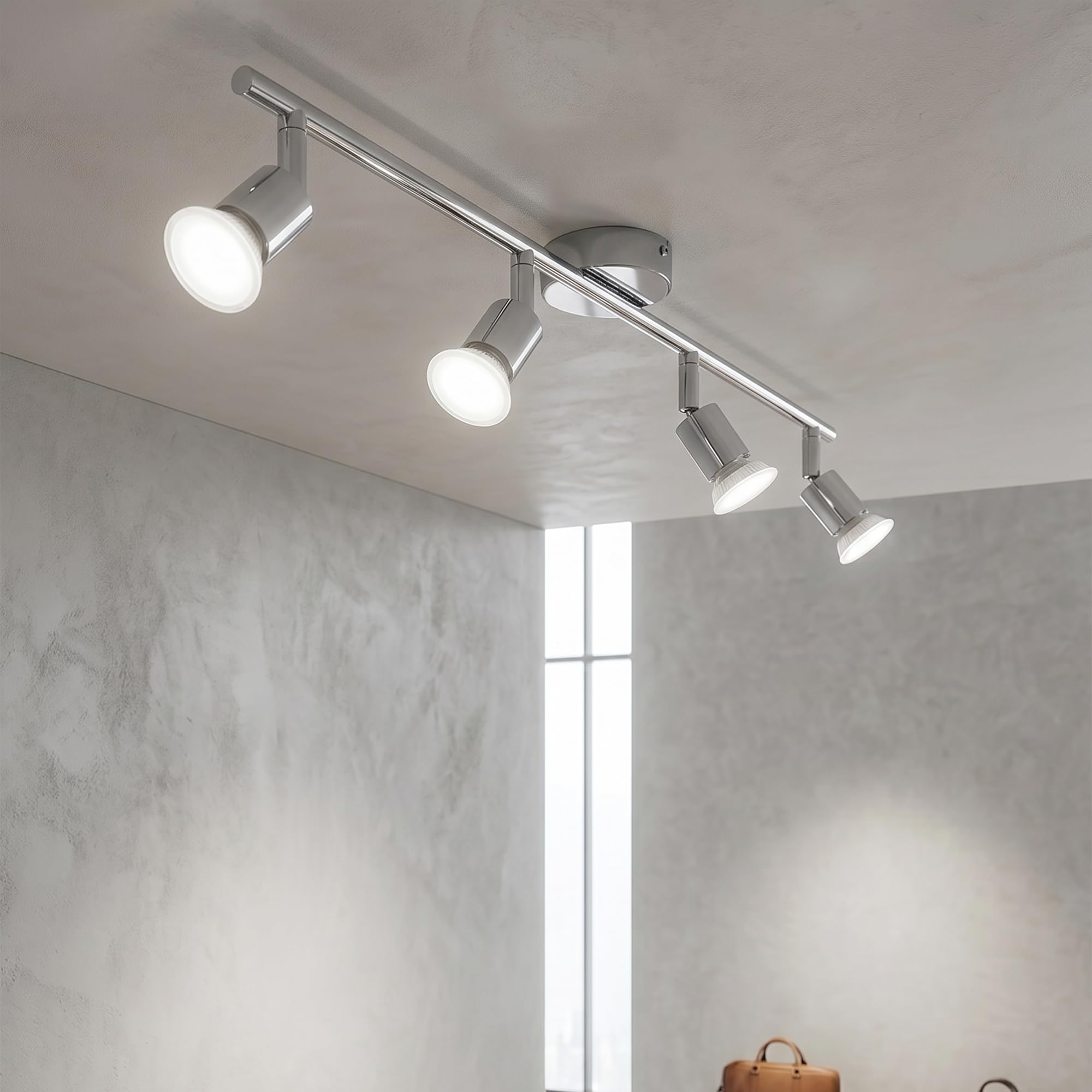 sparkLED Chrome GU10 Ceiling Spotlight Bar, 4-Way Spotbar Lighting Fixture with Adjustable Heads, Includes Cool White Lamps