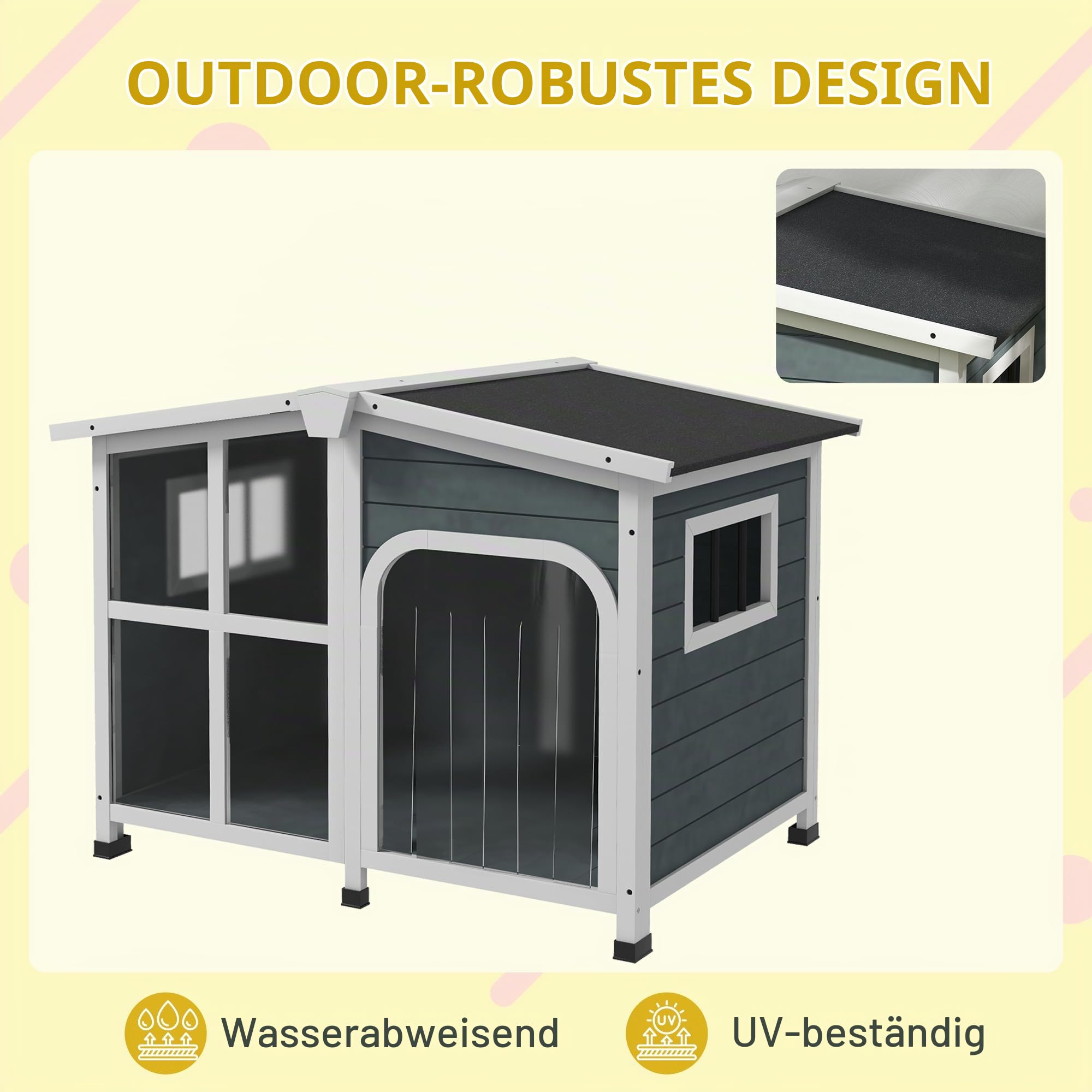 PawHut Außen-Holzhundehaus 101x66,5x70,5cm dunkelgrau | Hundehaus für mittelgroße Hunde bis 20 kg, Schutzdach, Fenster, öffenbares Dach