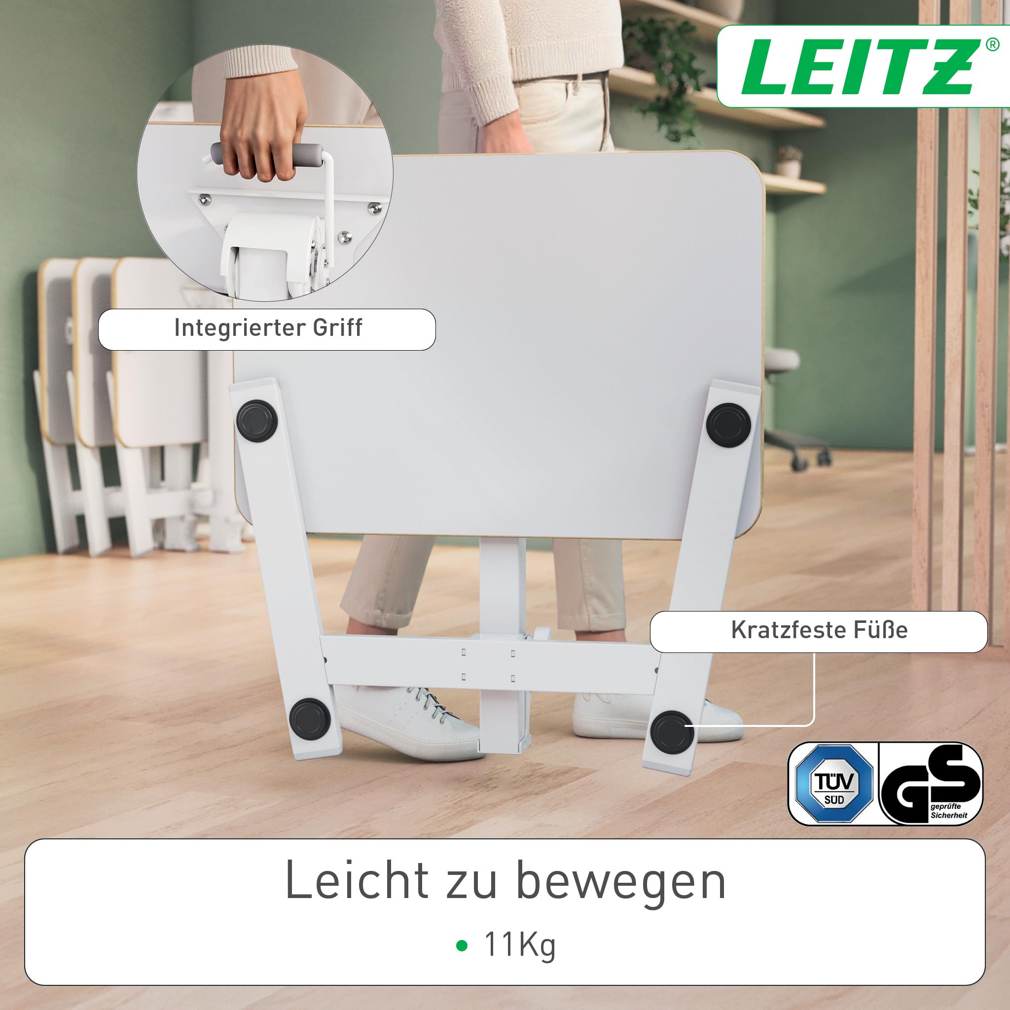Leitz Ergo Klappbarer und höhenverstellbarer Schreibtisch, Kompaktes Stehpult mit Tragegriff, Ergonomischer Arbeitsplatz für das Home Office, Belastbar bis 20 kg, 65 x 48 cm, Weiß, 65880001