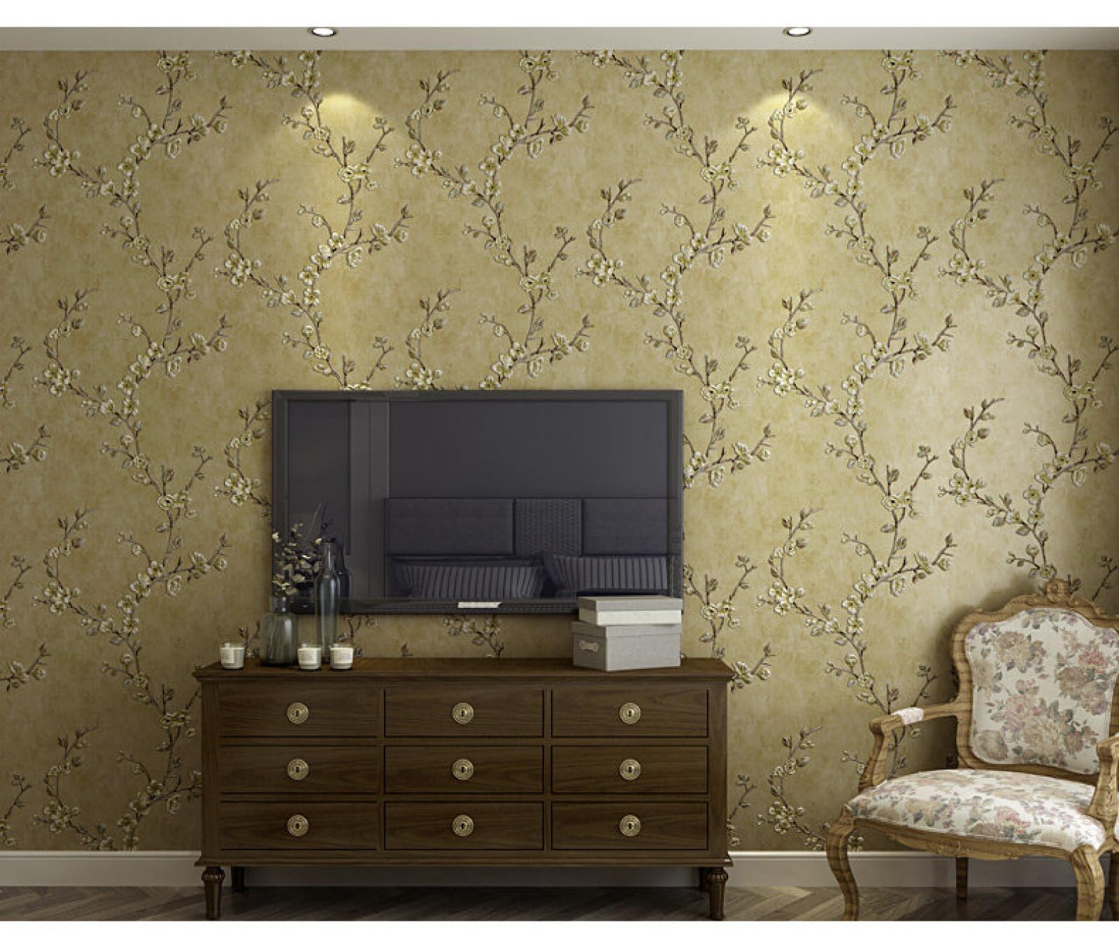 Samoprzylepna tapeta w stylu retro, żółte kwiaty, 53 x 300 cm, 3 rolki, folia samoprzylepna, winylowa, samoprzylepna, wodoodporna, tapeta do salonu, tapeta ze wzorem, tapeta do sypialni