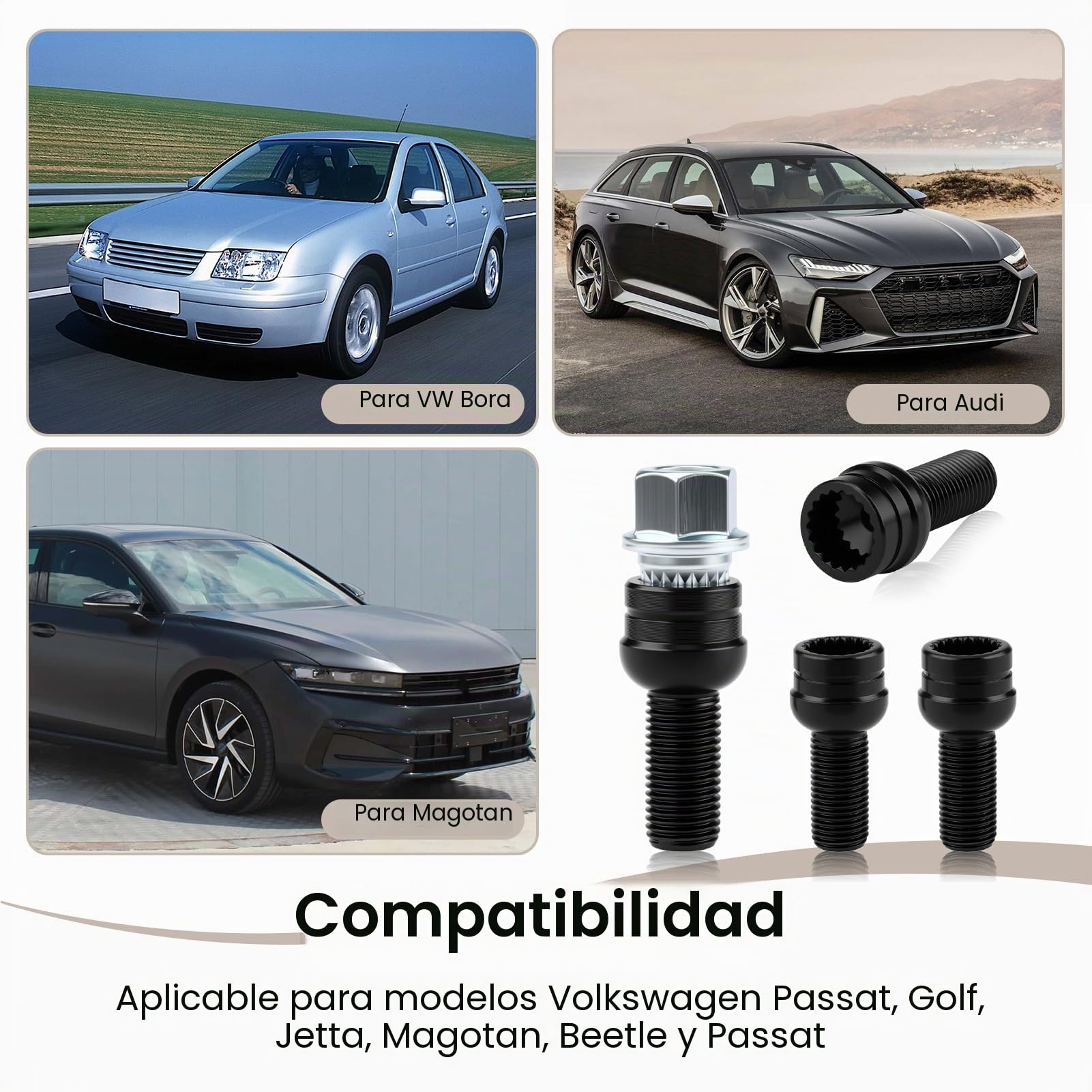 4 x Tornillos Antirrobo Coche M14 x 1,5 mm con Llave Especial, Juego de Pernos de Rueda de Acero al Carbono para Protección de Neumáticos, Compatible con Golf Passat Jetta