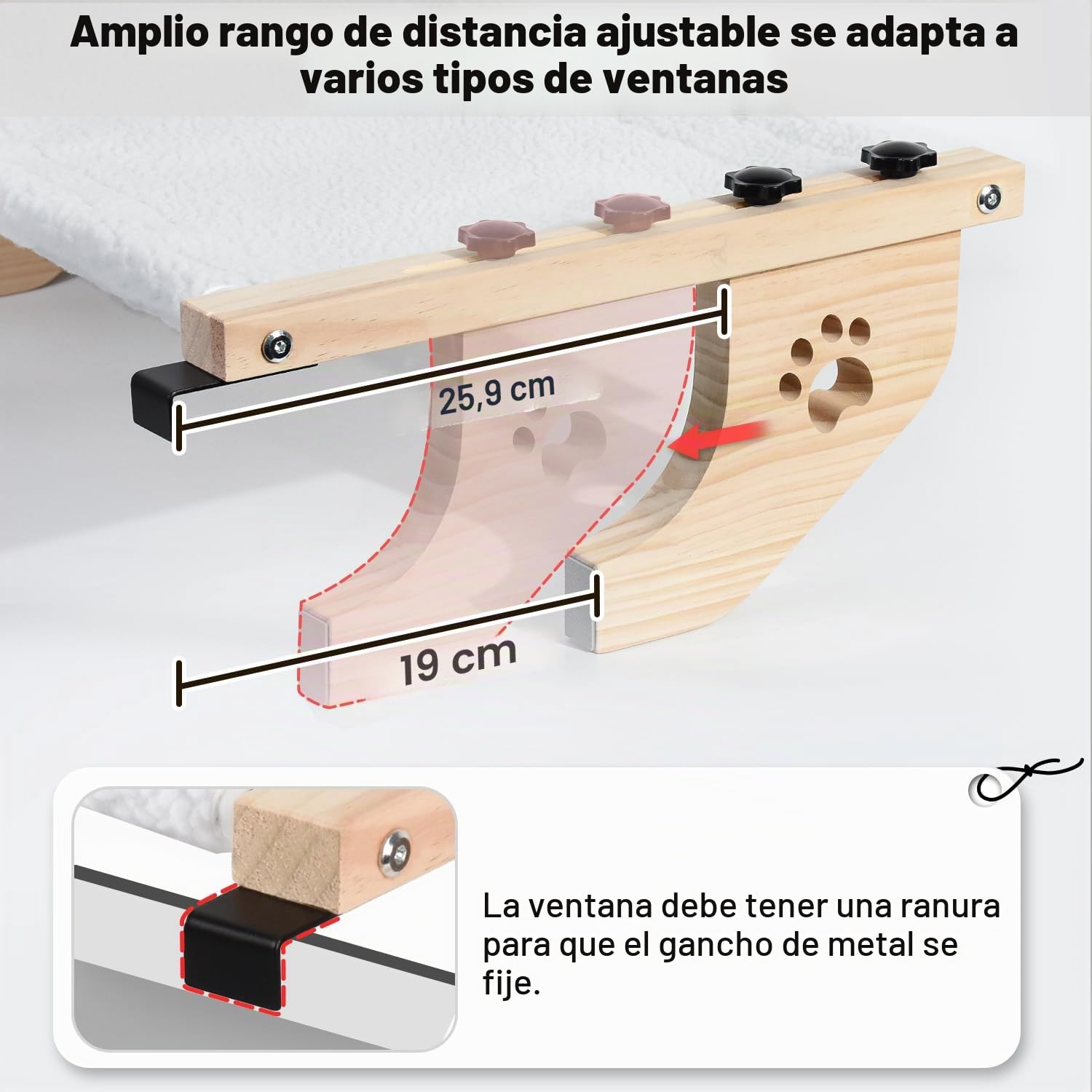 AMOSIJOY Hamaca Resistente para Gatos con Marco de Madera y Metal para Gatos Grandes, Cama fácil de Ajustar para alféizar de Ventana, mesita de Noche, cajón y Armario (21.7 Pulgadas, Felpa Blanca)