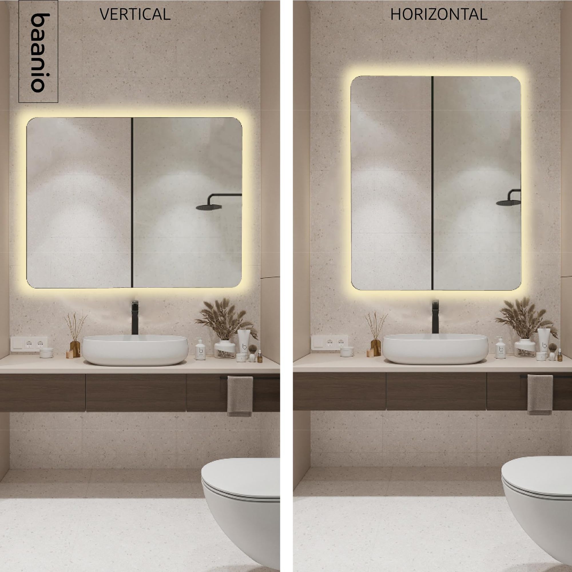 Opal - Espejo Baño Luz LED Cálida Rectangular 80x100 | Espejo Retroiluminado con Esquinas Redondeadas | Plata Ecológica de 4 mm | Montaje Horizontal o Vertical