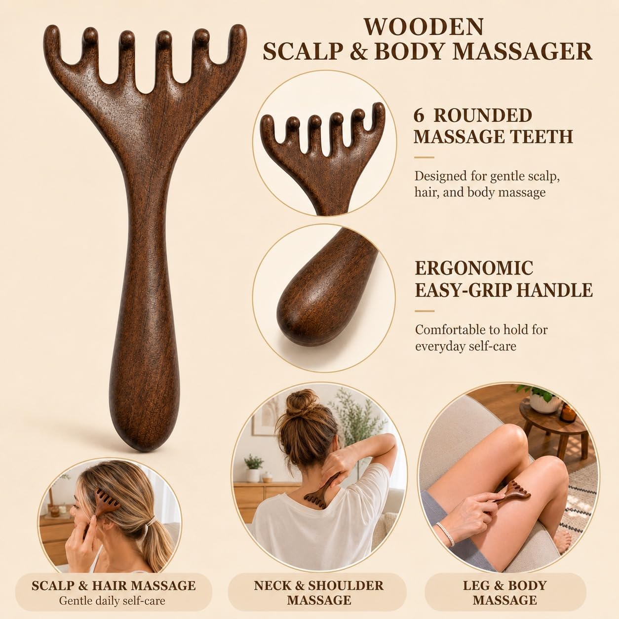 3 Pcs Wooden Scalp Massager, Natural Wood Head Massager Scalp Tool for Relaxation, Manual Massage Comb for Stress Relief and Daily Wellness