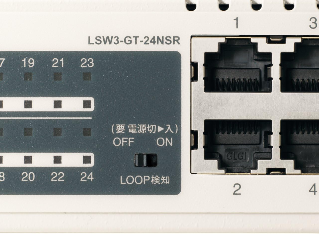 Close-up view of the LED indicators and Loop Detection switch on the BUFFALO LSW3-GT-24NSR.