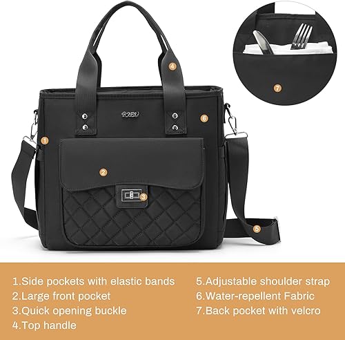 Miniatura 5 de Lonchera para mujeres, lonchera aislada para adultos, bolsa de almuerzo a prueba de fugas, hielera para el trabajo, escuela, picnic, fiesta, Negro