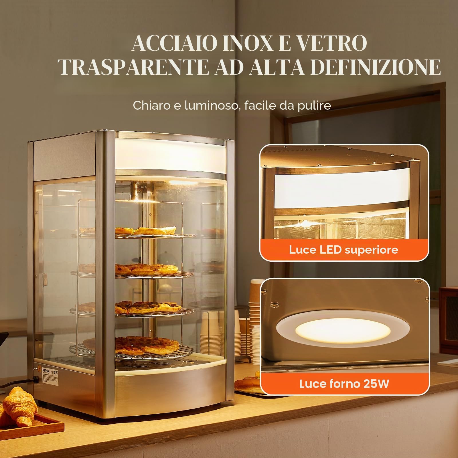 VEVOR Espositore Scaldavivande Commerciale per Pizza 366 mm Scaldavivande a 4 Ripiani con Riscaldamento a Vapore Rotante, Controllo della Temperatura da 30 ℃ a 85 ℃ Luce del Forno 25 W per Pizzeria