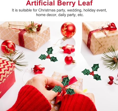 Miniatura 2 de 100 piezas de bayas de acebo artificiales con hojas verdes de Navidad, ramas de baya de acebo, accesorios de decoración para bricolaje, adorno