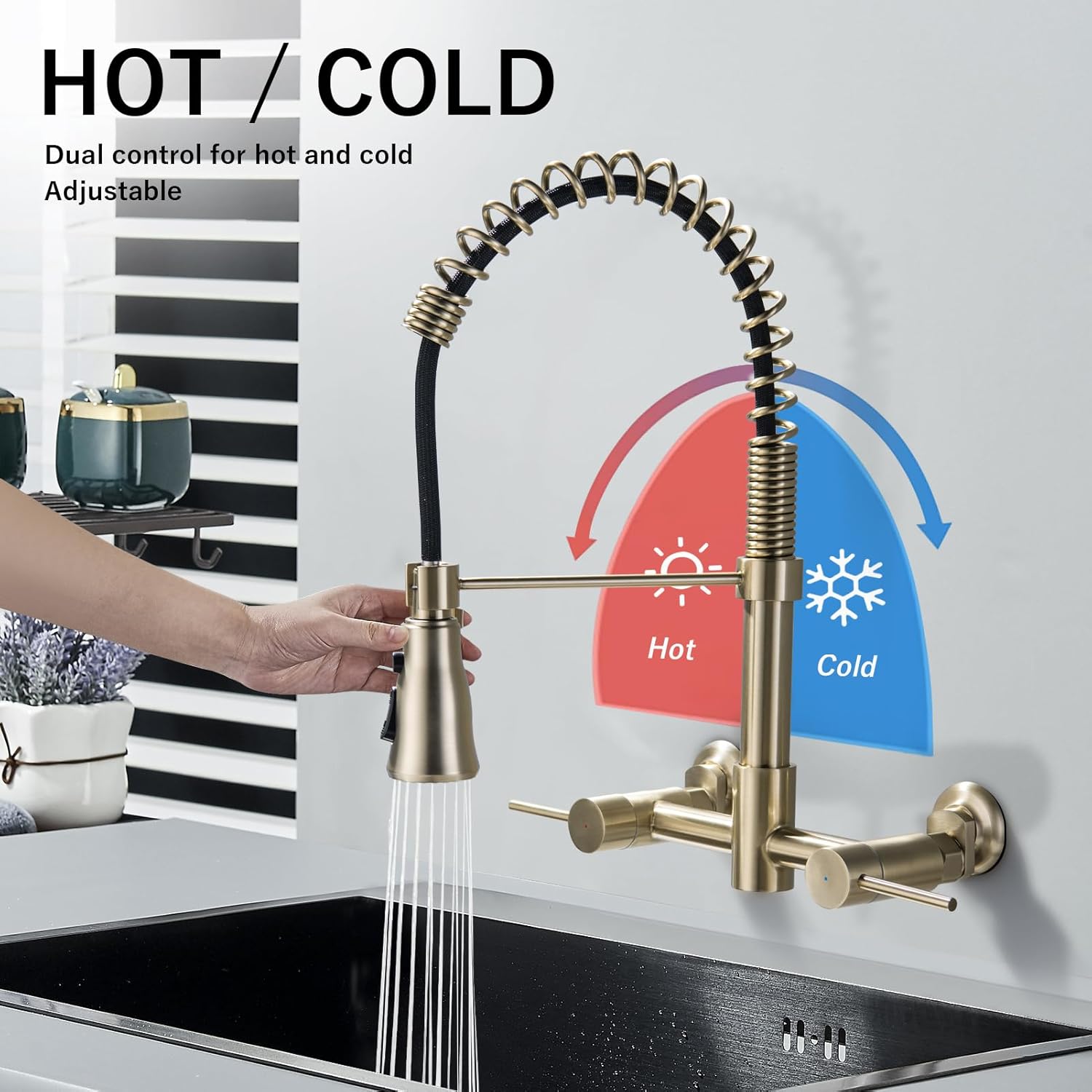 Kitchen Faucet, 8 Inch Center Wall Mount Kitchen Sink Faucet with Pull Down Sprayer, HYDROWELL 2 Handle Stainless Steel Commercial Wall Mount Faucet,Brushed Gold