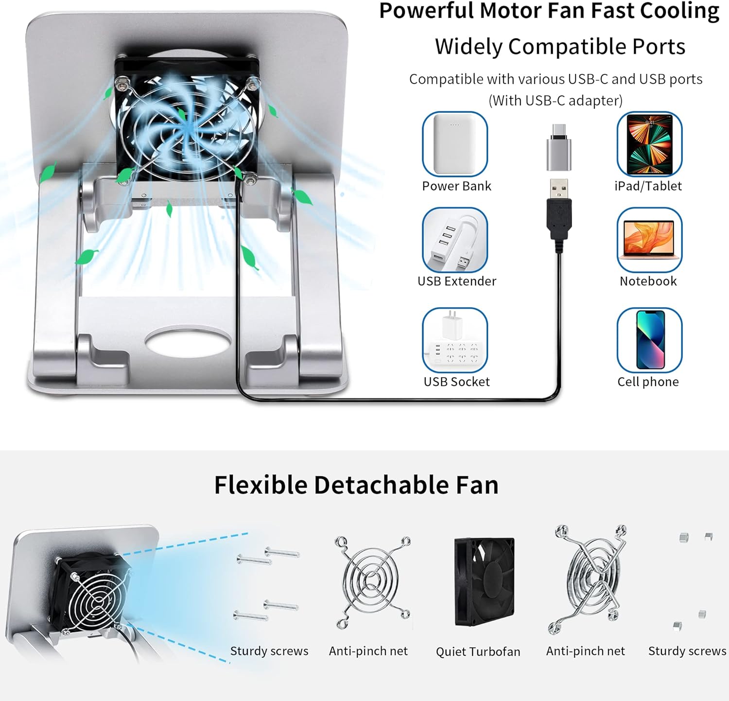 TACOMEGE Heavy Sturdy Aluminum Writing Drawing Stand Tablet Riser(with Cooling Fan) for iPad, Samsung Tab, Surface Pro, Foldable Portable Monitor