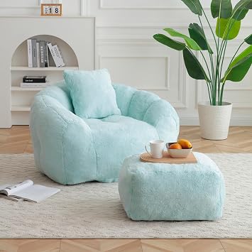 Bean Bag Chairs for Adults, Oversized Reading Chair with Ottoman, Faux Fur Shell-Shaped Large Chair Stuffed Big Accent Comfy Sofa, Floor Sofa for Gaming, Living Room, Bedroom, Light Blue