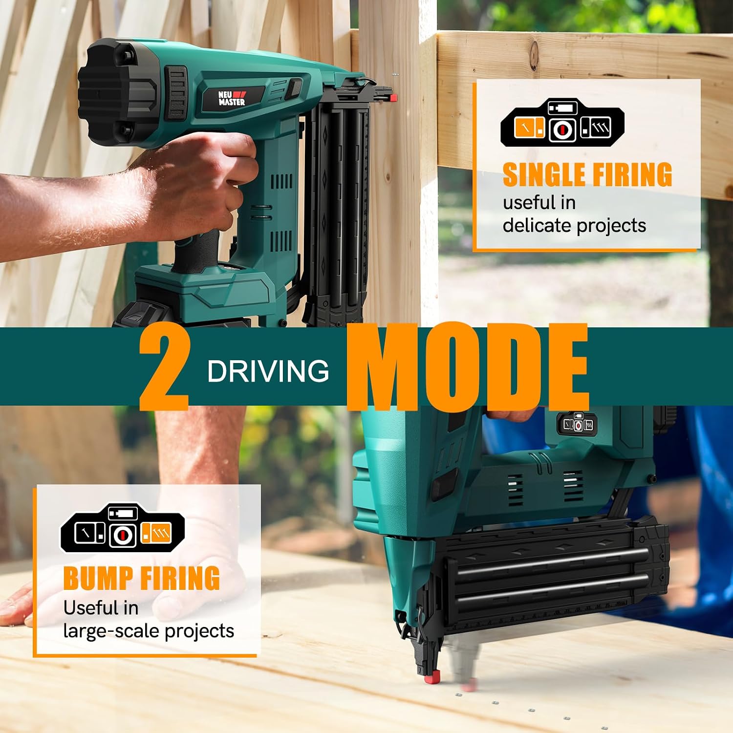 NEU MASTER Brad Nailer showing Single Firing and Bump Firing modes