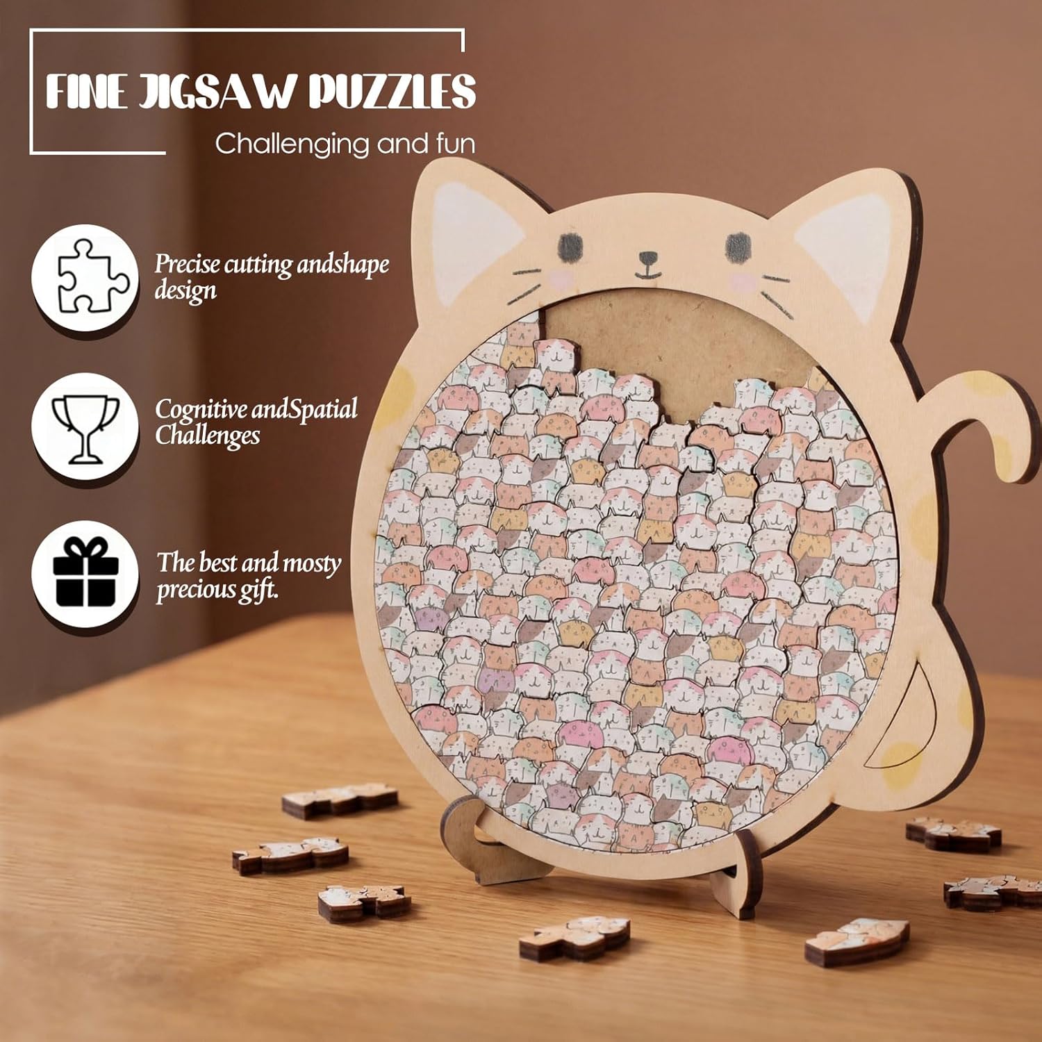 Thenshop Morandi Cat Puzzle Kit with Stand Wooden Kitten Jigsaw Puzzle with Stand Kitty Jigsaw Creative Gift for Cat Lovers Decorative Animal Design Gifts for Adults Home Decoration(Round)