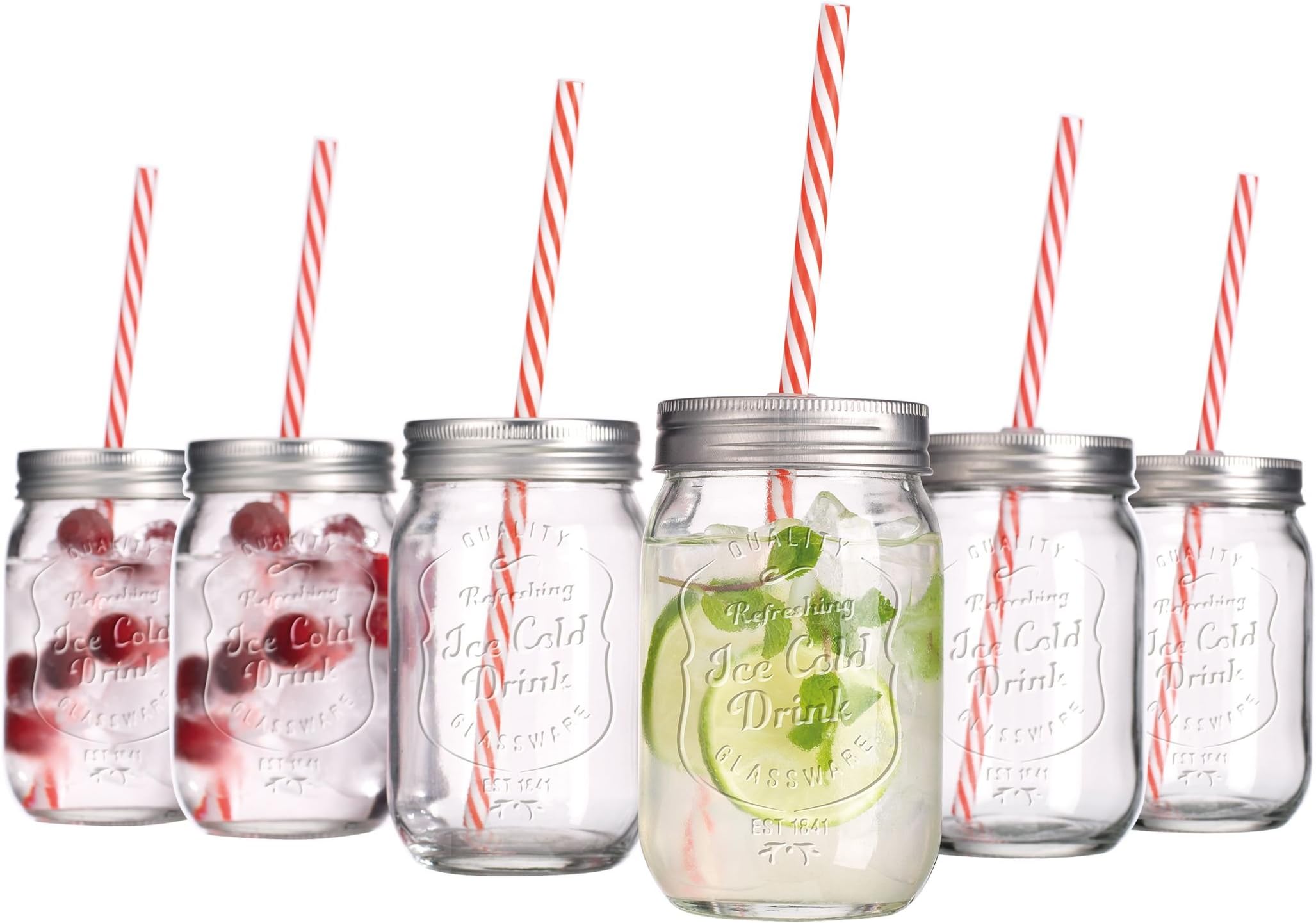 Set of 6 - 15-oz Mason Jar Beverage Cups, 6 Clear Glass Drink Cups with Metal Lid, Straw Included