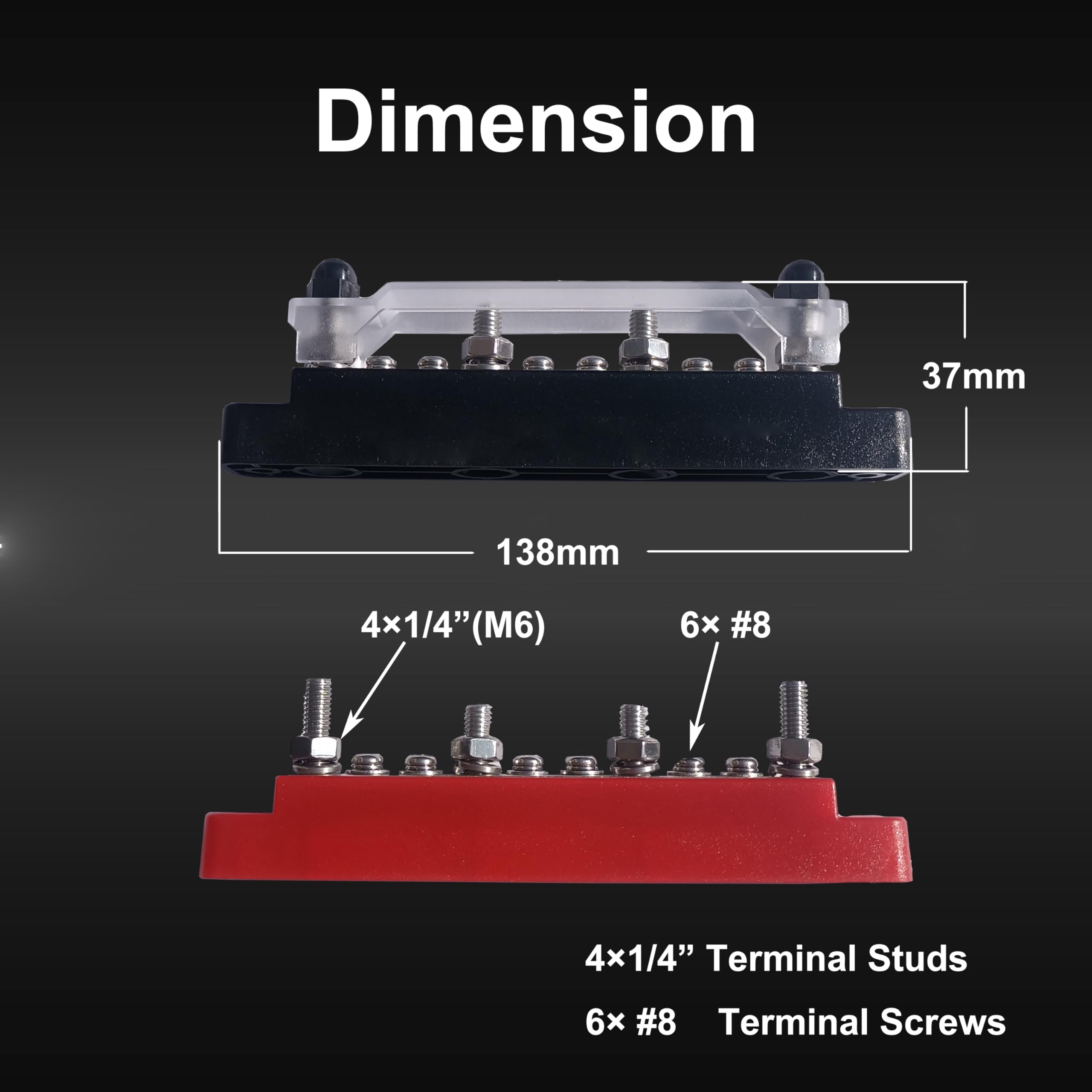 12V Bus Bar Power Distribution Block – 150A, 6 X M6 Studs, With Cover For Car, Boat, Solar & Truck Wiring