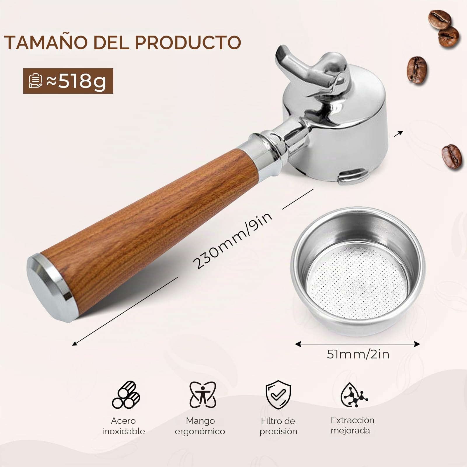 Portafiltro 51mm, Portafiltro 3 Orejas Doble Caño Compatible | con Delonghi Dedica EC680/EC685/EC785/EC820/EC850/EC860, Portafiltro de Acero Inoxidable