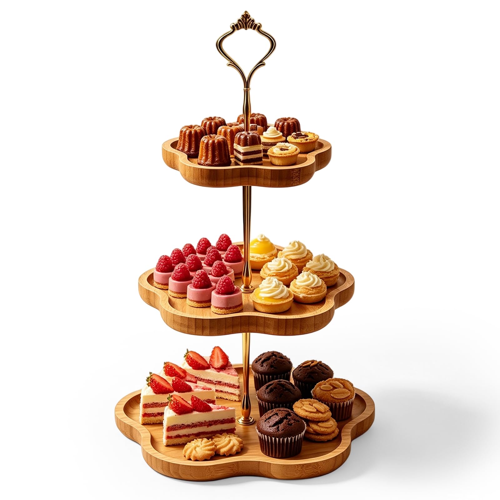 Soporte para tartas de 3 niveles, de madera, 19,5 cm de diámetro, 24,5 cm de diámetro, 30,5 cm de diámetro, 3 niveles y diseño de flores, para cupcakes, postres, fiestas, casa, cumpleaños
