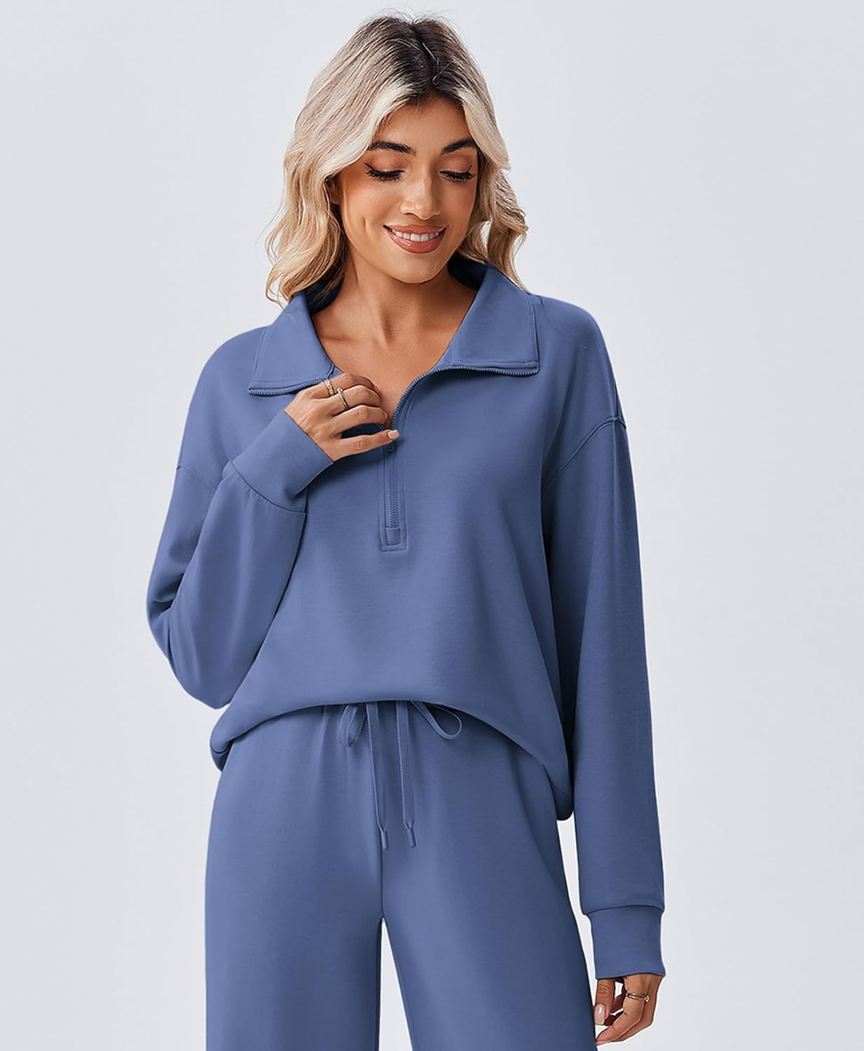 PINSPARK 2 Piece Sets for Women 1/2 Zip Sweatsuit Loose Fit Sweatshirt Straight Leg Pants 2025 Matching Outfit Fall Tracksuit - Image 4