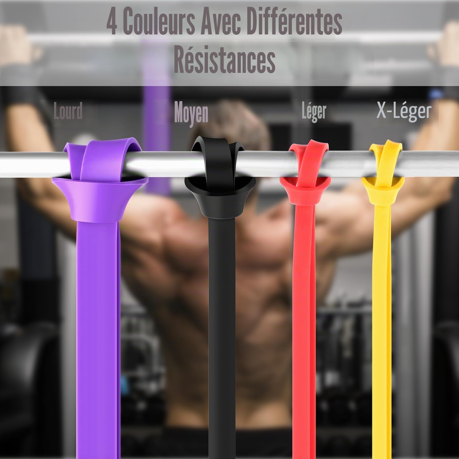 Lot de 4 bandes de fitness avec 4 niveaux de résistance pour sport, gymnastique, entraînement