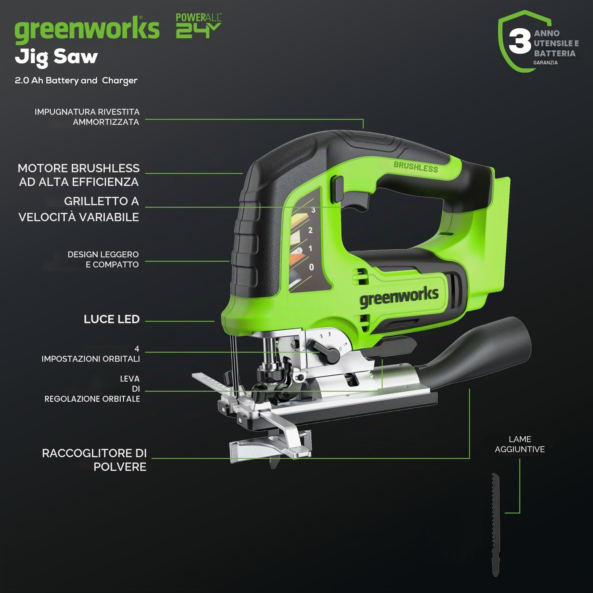 Greenworks Sega a batteria da 24 V e sega universale a batteria, altezza di sollevamento 26 mm, brushless, con lama per sega, batteria da 2 Ah e caricatore