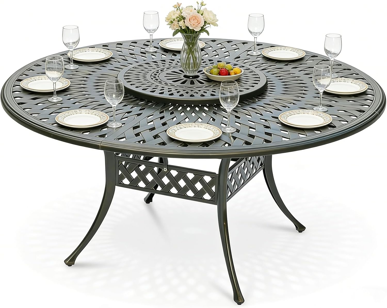 MEETWARM Outdoor 61" Round Patio Dining Table with Detachable Lazy Susan, All Weather Cast Aluminum Large Patio Furniture Table Set for 8 Seat with 24" Rotating Tray, Umbrella Hole, Dark Bronze