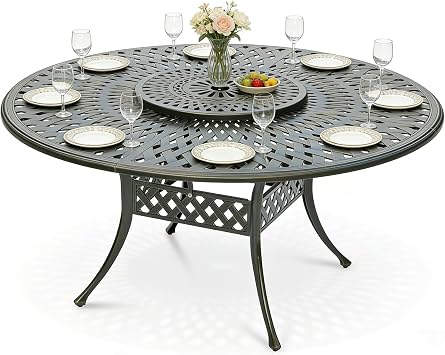 MEETWARM Outdoor 61" Round Patio Dining Table with Detachable Lazy Susan, All Weather Cast Aluminum Large Patio Furniture Table Set for 8 Seat with 24" Rotating Tray, Umbrella Hole, Dark Bronze