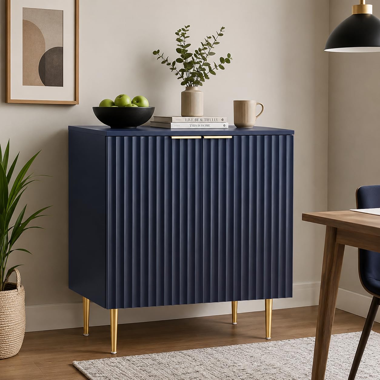 Floated Panel Wooden Sideboard Cabinet with 4 Door Storage | Premium HDMR Wood Console Cabinet with Metal Legs | Modern Storage Unit for Living Room Dining Room Kitchen Entryway & Home Decor | Blue-image-30