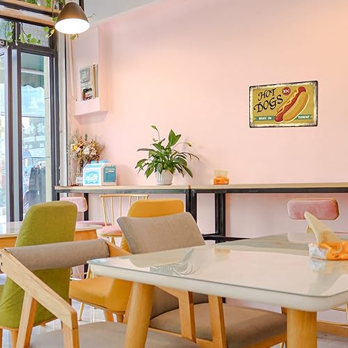 Miniatura 6 de SUPERDANT Letreros de lata de Hot Dogs con texto en inglés Hot Dogs Best in Town de comida rápida, letrero de metal vintage, divertido arte de