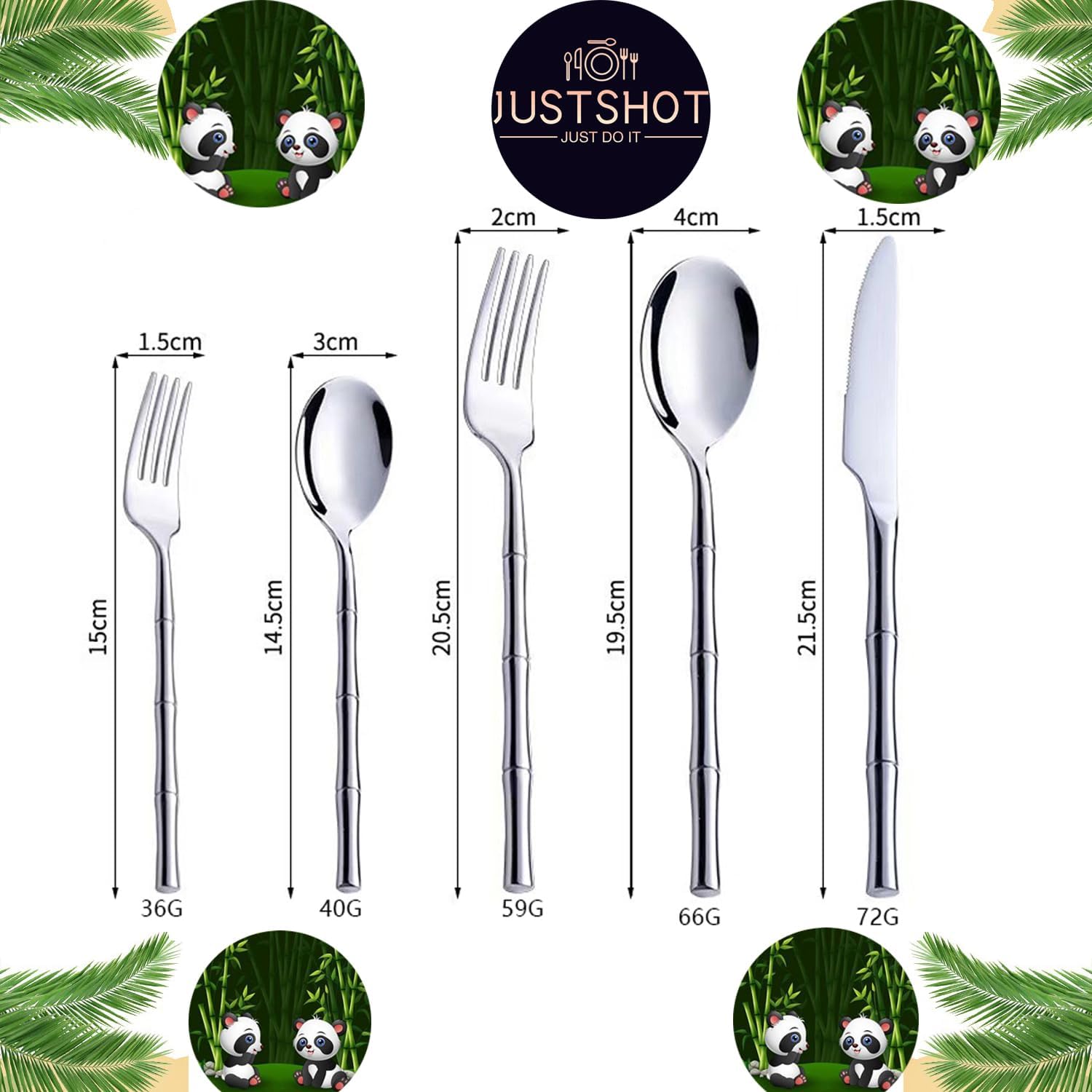 JUSTSHOT 40 Pieces Round Flatware Set for 8,Unique 1810 Stainless Steel Bamboo Pattern Handle Cutlery Set,Silver Forks and Spoons Bamboo Silverware Set,Mirror Polished,Dishwasher Safe