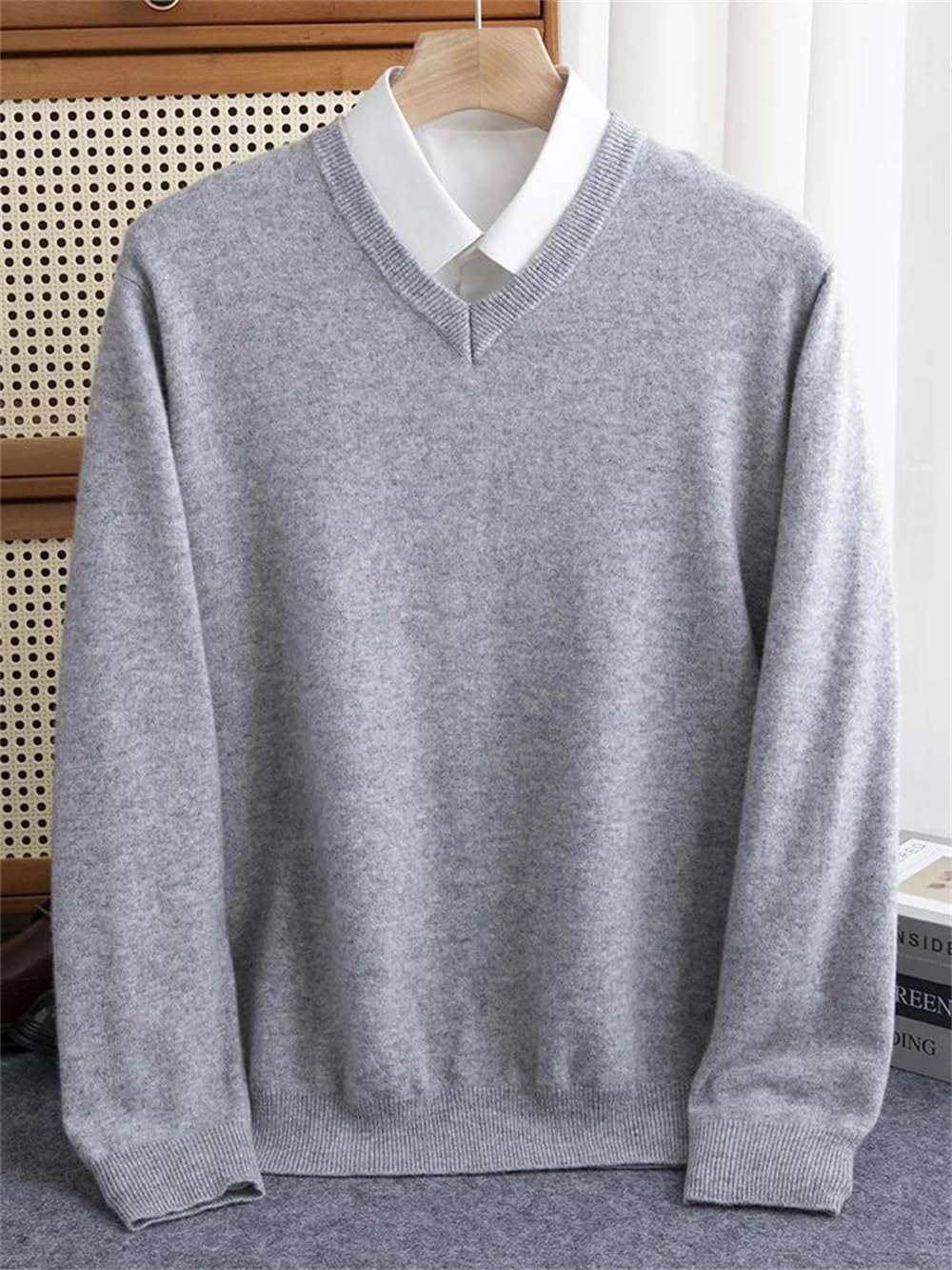 Adhdyuud Maglione invernale da uomo in lana merino con scollo a V a maniche lunghe in cashmere spesso