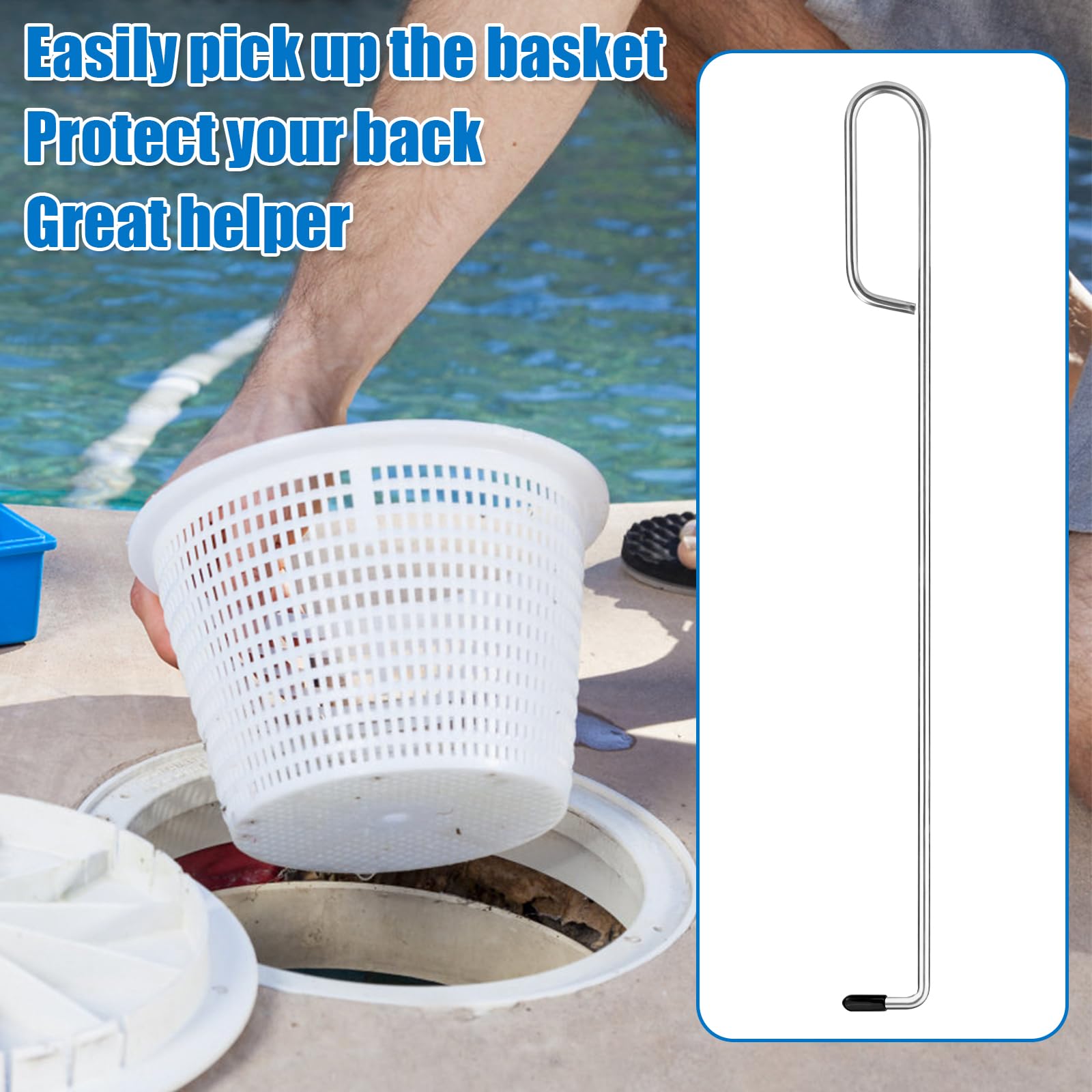 NQEUEPN Crochet de Panier d'Écumoire de Piscine, 37cm Outil de Levage et de Retrait du Couvercle d'Écumoire Long Acier Inoxydable Poignée d'Extension Panier d'Écumoire Outil de Nettoyage des Débris