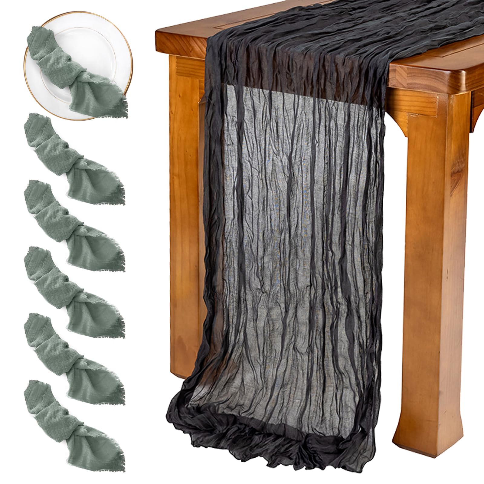 BDSHUNBF 7 Pack Table Runners and Placemats Set, Black Cheesecloth Table Runners, 90x400 cm Rustic Gauze Fabric Boho Table Runner, Cheesecloth Gauze Table Runner for Wedding Decor Arch Draping
