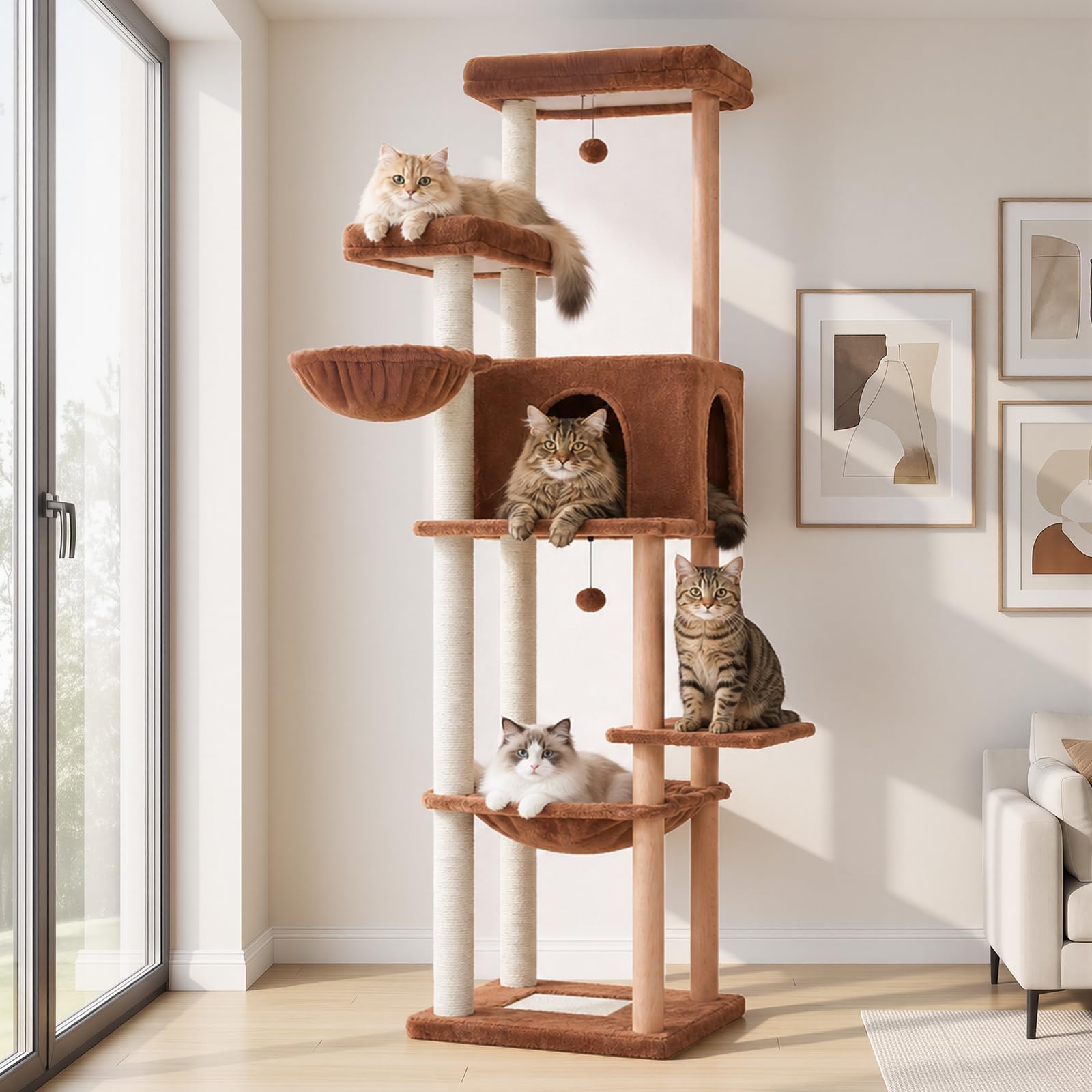 PAWZ Road Large Cat Tree for Indoor Cats, 186cm Tall Wooden Cat Tower