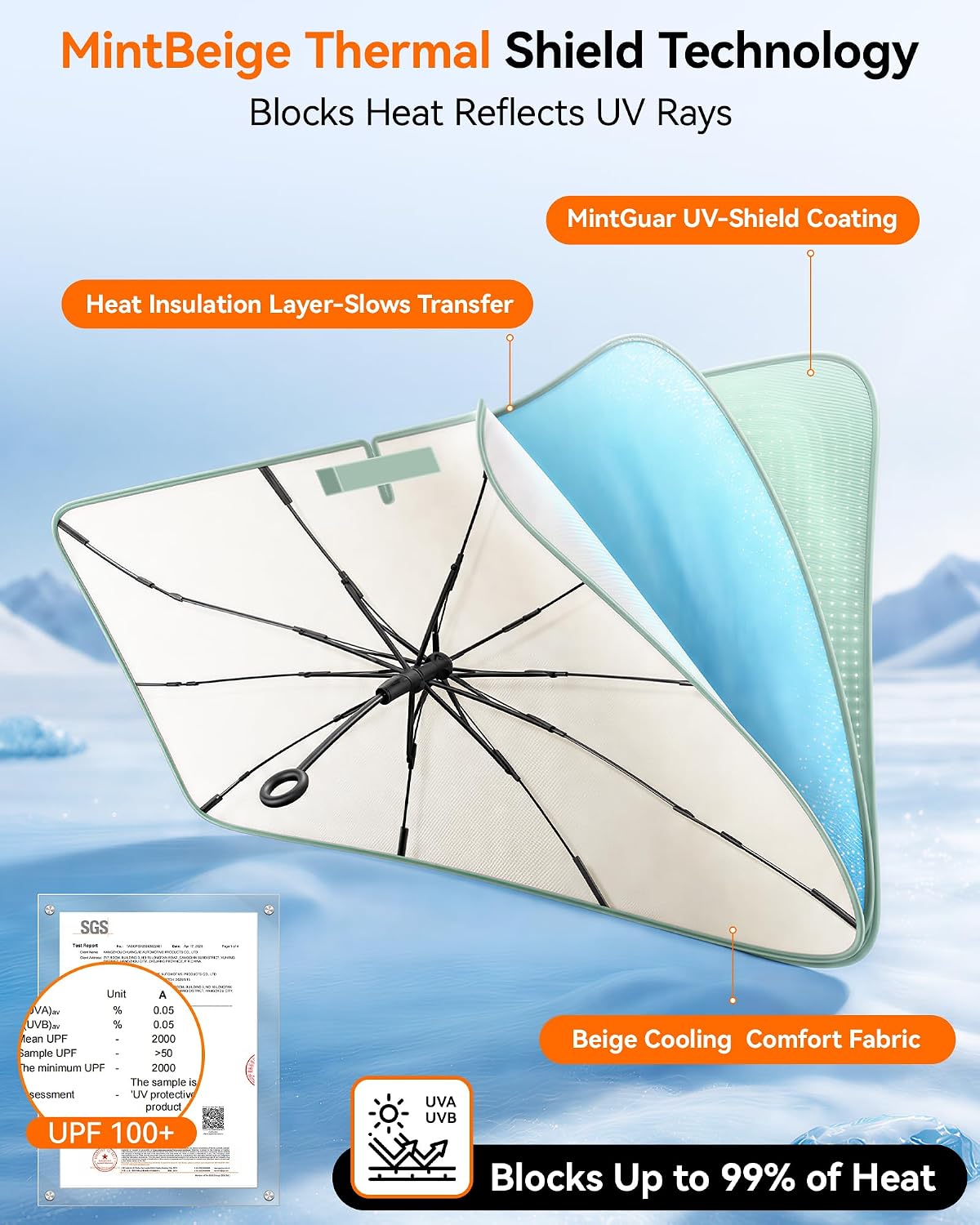 Windshield Sunshade Umbrella, 99% UV Protection, Heat Insulation & Cooling Effect, Interior-Friendly Design, Fiberglass Ribs, Storage Bag, Green & White, for Cars SUVs Trucks Vans,Small 56.3"*30.7"