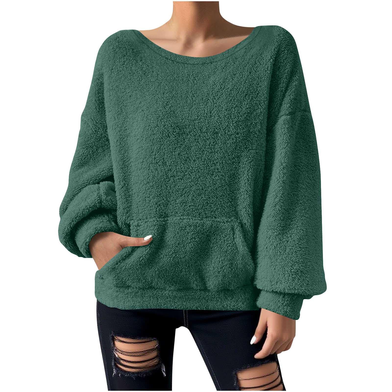 Womens Fleece Sherpa Lined Sweater Solid Winter Thermal Shirts Long Sleeve Rund Neck Loose Fitted Pullover Tops