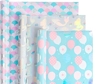 WRAPAHOLIC Wrapping Paper Roll - Mini Roll - 3 Rolls - 17 Inch X 120 Inch Per Roll - Mermaid Scale and Jellyfish Design with Colorful Foil for Birthday, Holiday, Baby Shower