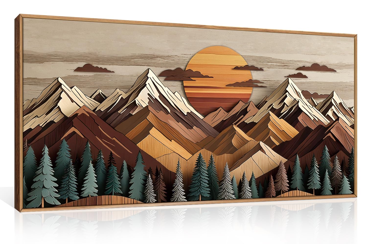 KAIRNE Woodcut Mountain Landscape Framed Canvas Wall Art Set-40"x20"x1 | Wooden Pine Tree Wall Decor,Vintage Forest Art Print,Rustic Boho Sunrise Artwork for Living Room,Bedroom,Farmhouse,Office