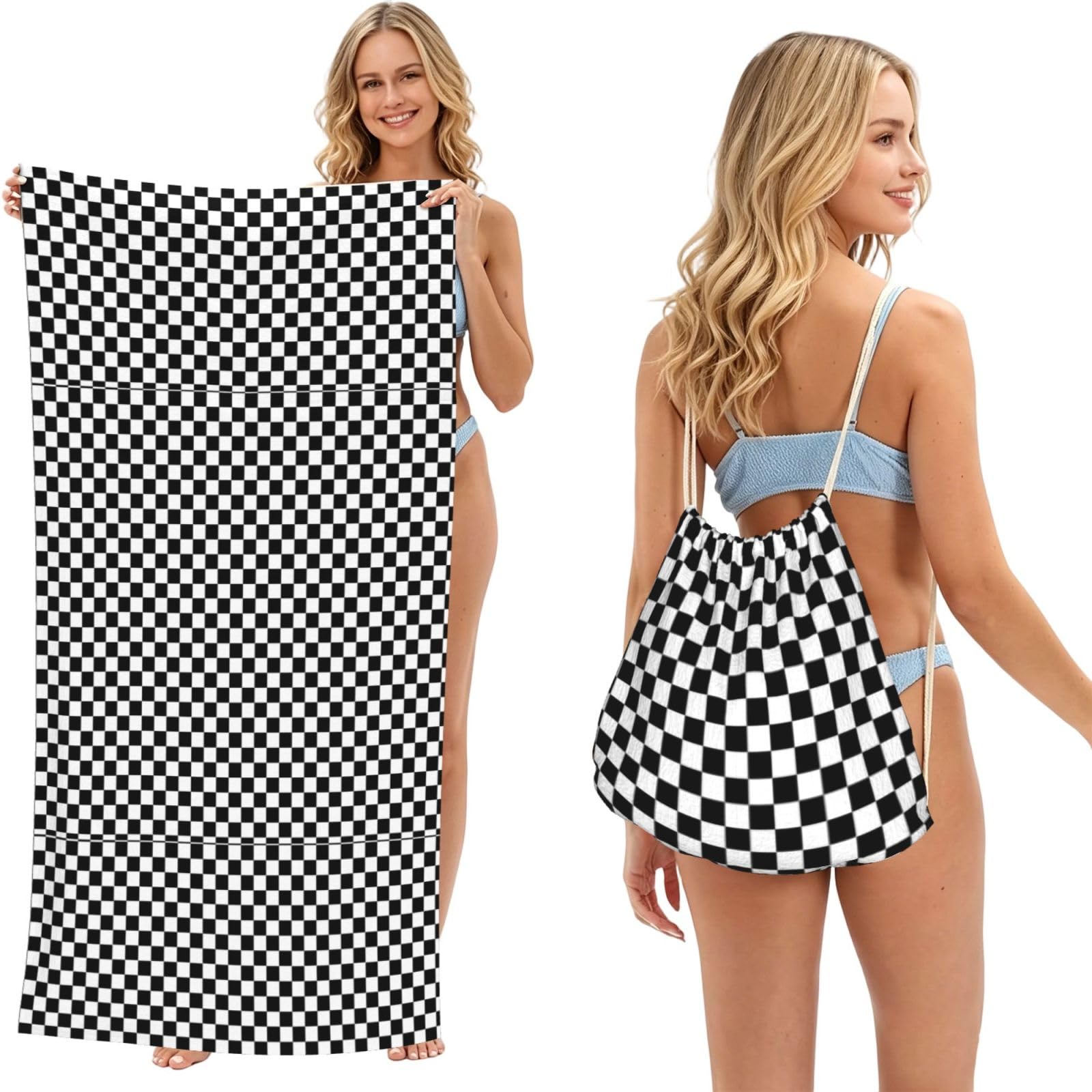 Poadnly As Picture Classic Black And White Race Check Checkered Geometric Win, 2 In 1 Packable Towel Bag, Beach Towels With Drawstring Backpack For Travel Holiday Camping