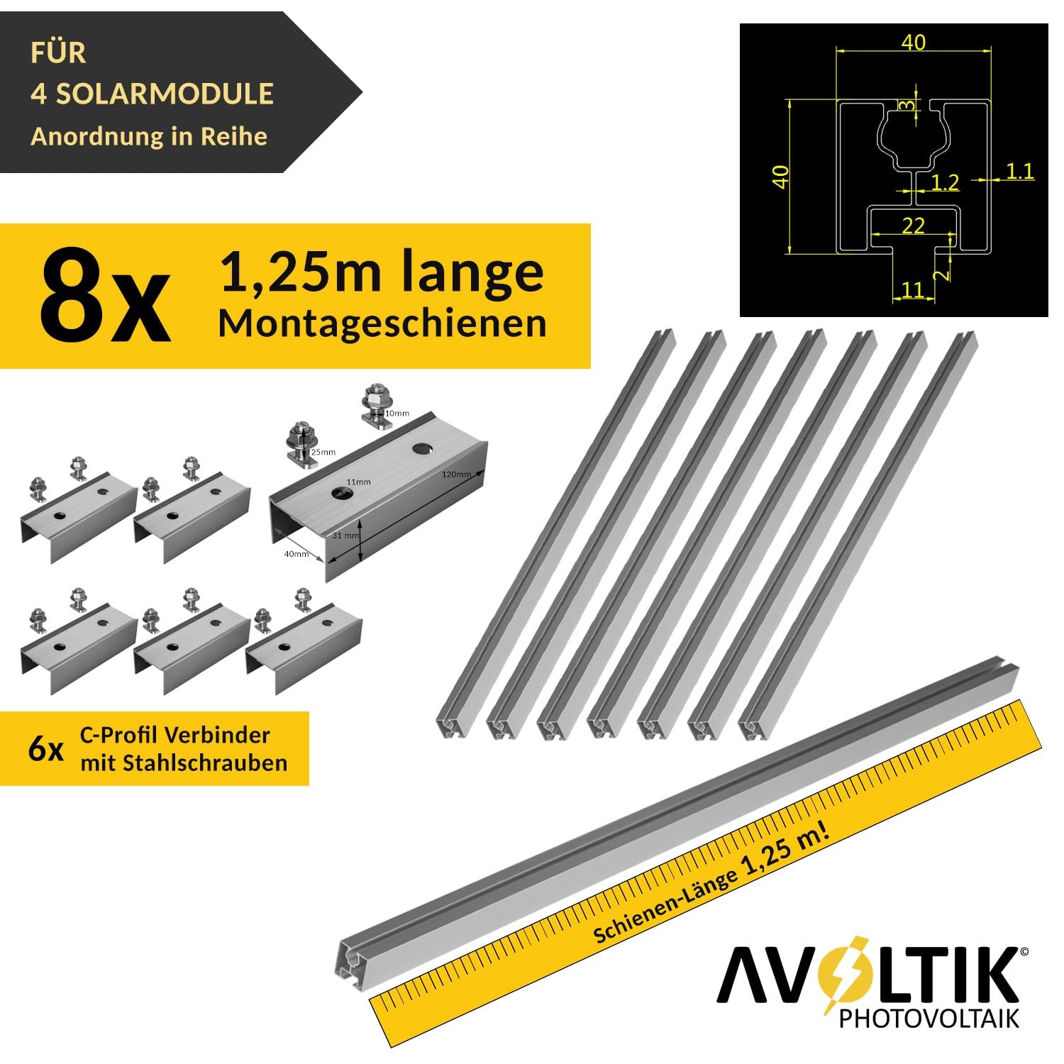Avoltik Solar Halterung Ziegeldach I Set für 4 PV Module 30-45mm I Solarmodul Halterung Balkonkraftwerk I Solarmodulbefestigungsset für Ziegeldächer aus Edelstahl 1.4301 I PV-Halterung Montageset