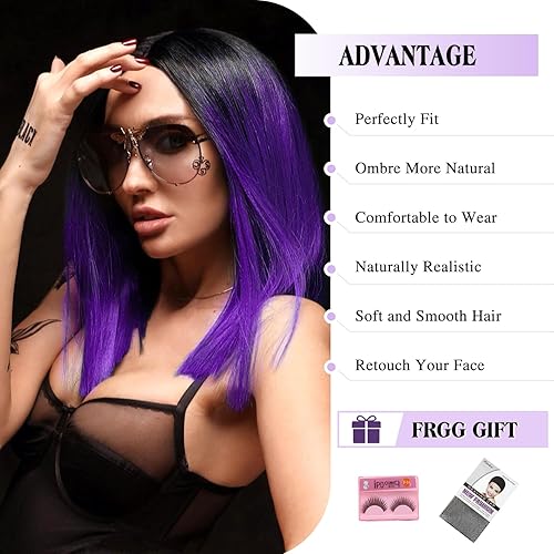 Miniatura 2 de Fancy Hair Ombre Purple Short Straight Wigs Middle Part Shoulder Length Purple Dark Roots Natural Synthetic Wigs for Women Daily Party Cosplay Raven