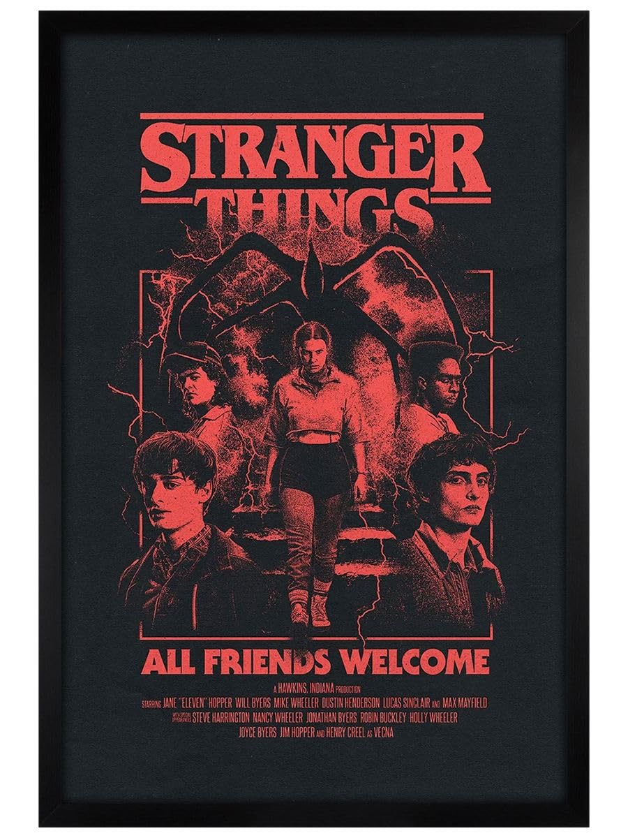 Grindstore Stranger Things 5 All Friends Welcome Maxi Poster - Black Wooden Framed - Framed Poster Print, Wall Decor/Art, Home Gift Idea, For Living Room, Bedroom, Home or Office Display