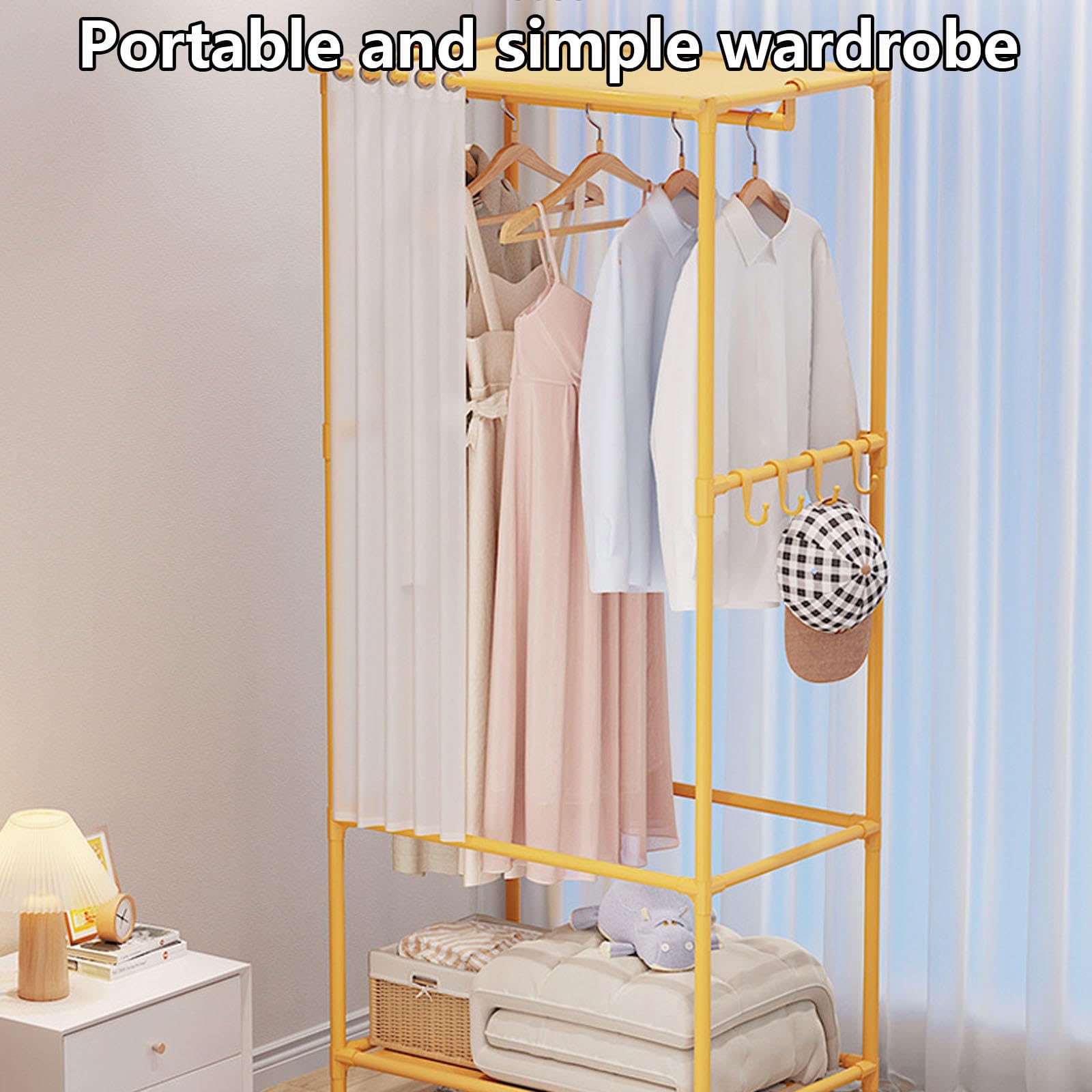 Kleiderschrank Tragbar Garderobenregale, Canvas-Garderobe Für Schlafzimmer, Kleiderschrank Aus Stoff Faltbarer Schrank Für Kleidung, Taschen,Black-Withdoorcurtain