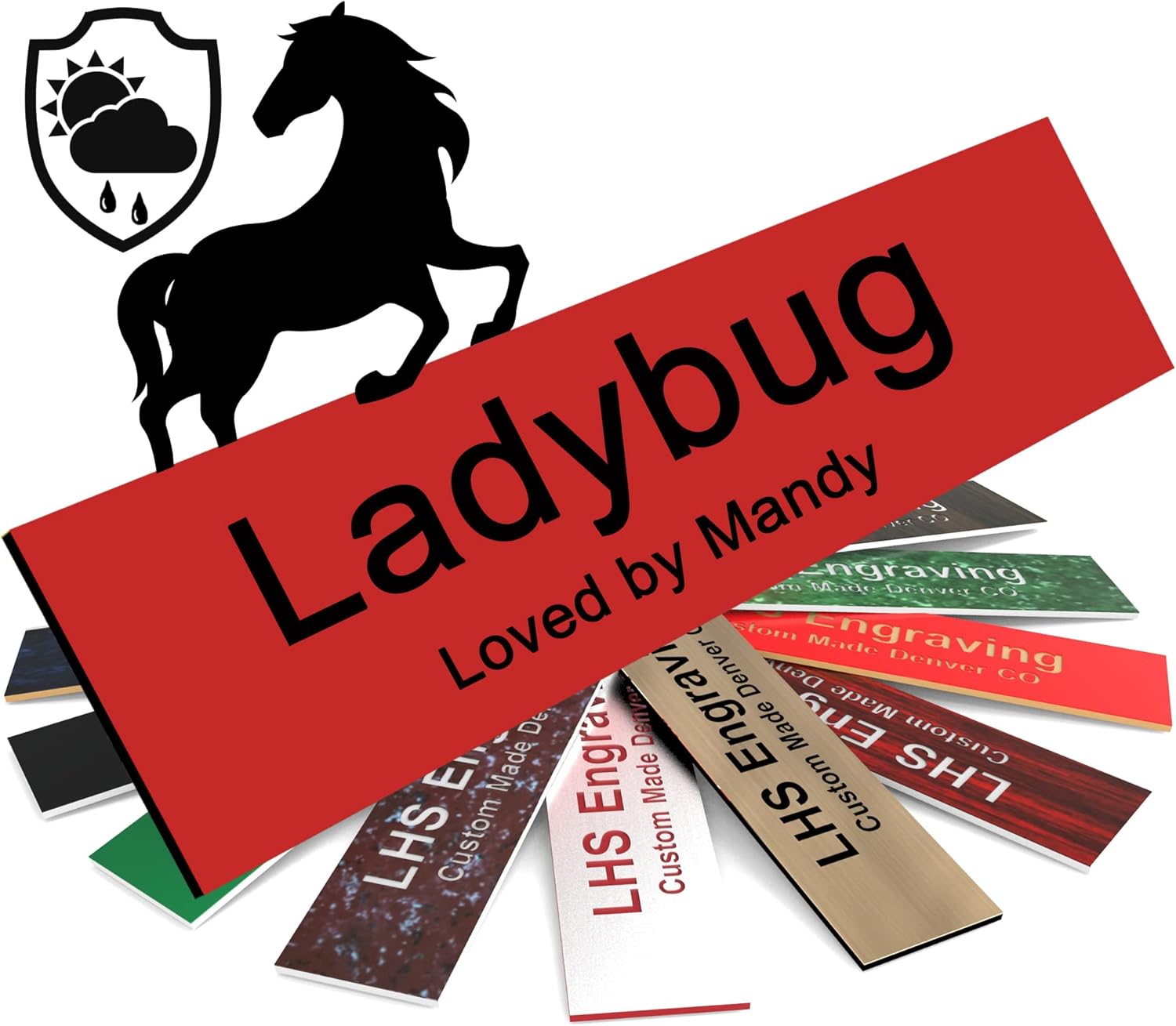 LHS | Horse Stall Name Plate, 2x8 Personalized Stall Signs, UV Protected, All Weather Adhesive, Hanging, Mounting or Other, Red Plastic Black Letters | Made in USA - B14 : Patio, Lawn & Garden
