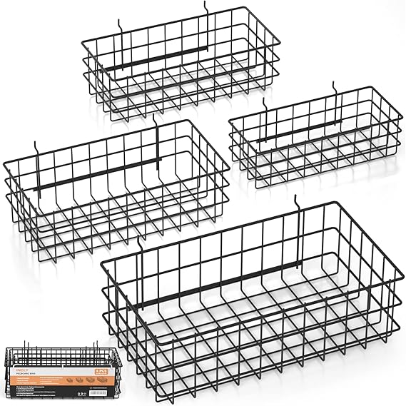INCLY 4 Pack Pegboard Baskets Bins Set, Square Style 4 Size Black Metal