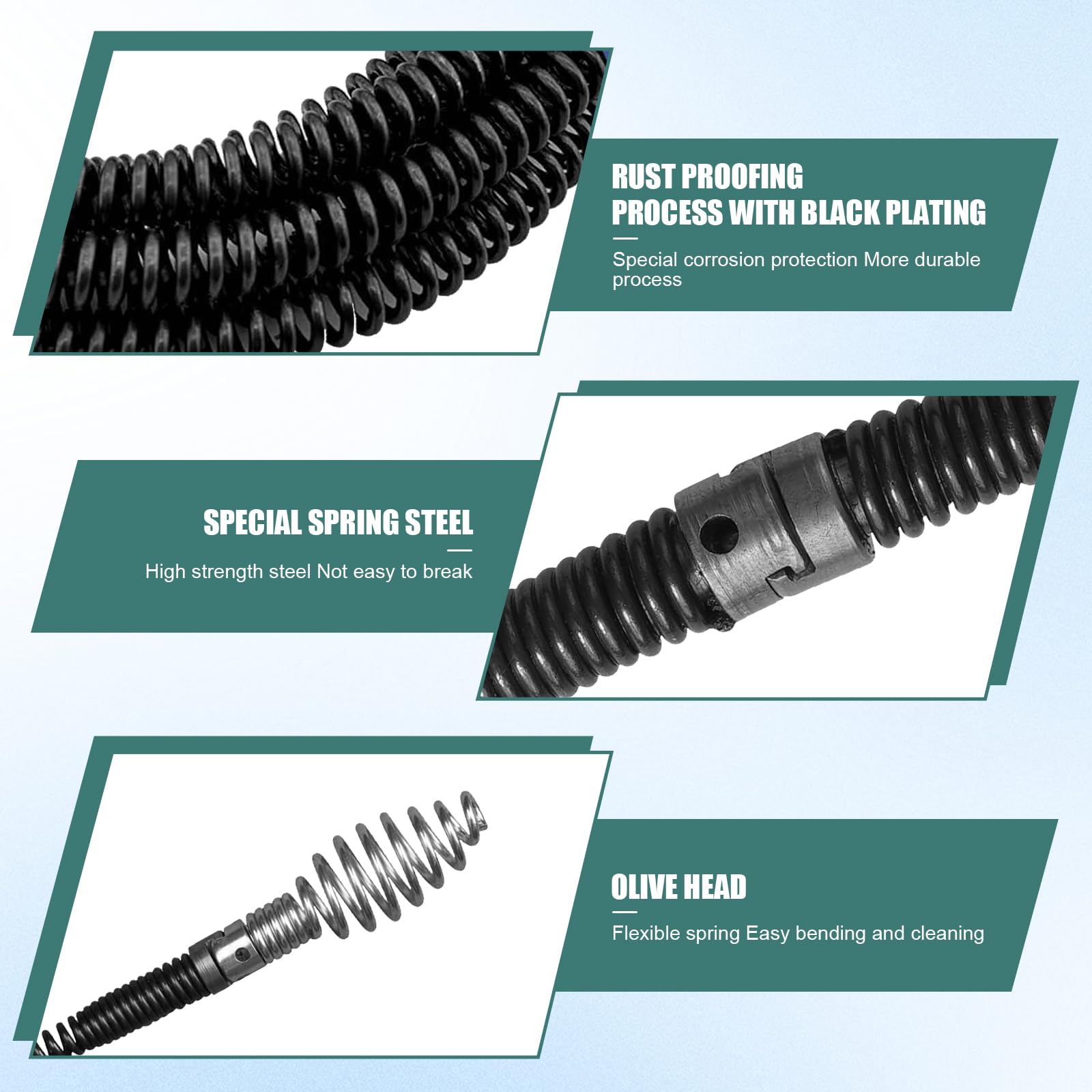Abflussschlangenreiniger 5 m – 12 mm Spiraldurchmesser mit 6 Abflussreiniger-Schneidköpfen und 1 manuellen Adapter, robustes Spülbeckenentferner-Werkzeug für Küche, Badezimmer, Rohre, manuelle