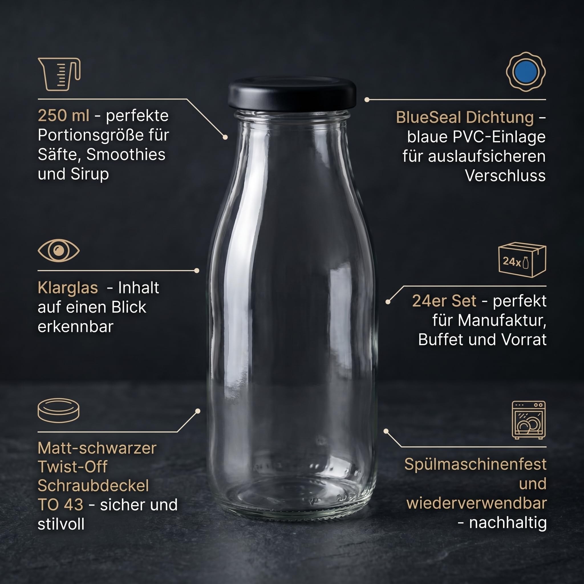 gouveo confezione da 24 bottiglie di succo da 250 ml con tappo a vite, nero opaco BS - bottiglie di vetro da 0,25 l con chiusura TO43 - bottiglie vuote per succhi, frullati e limonata (SF250SZBS)
