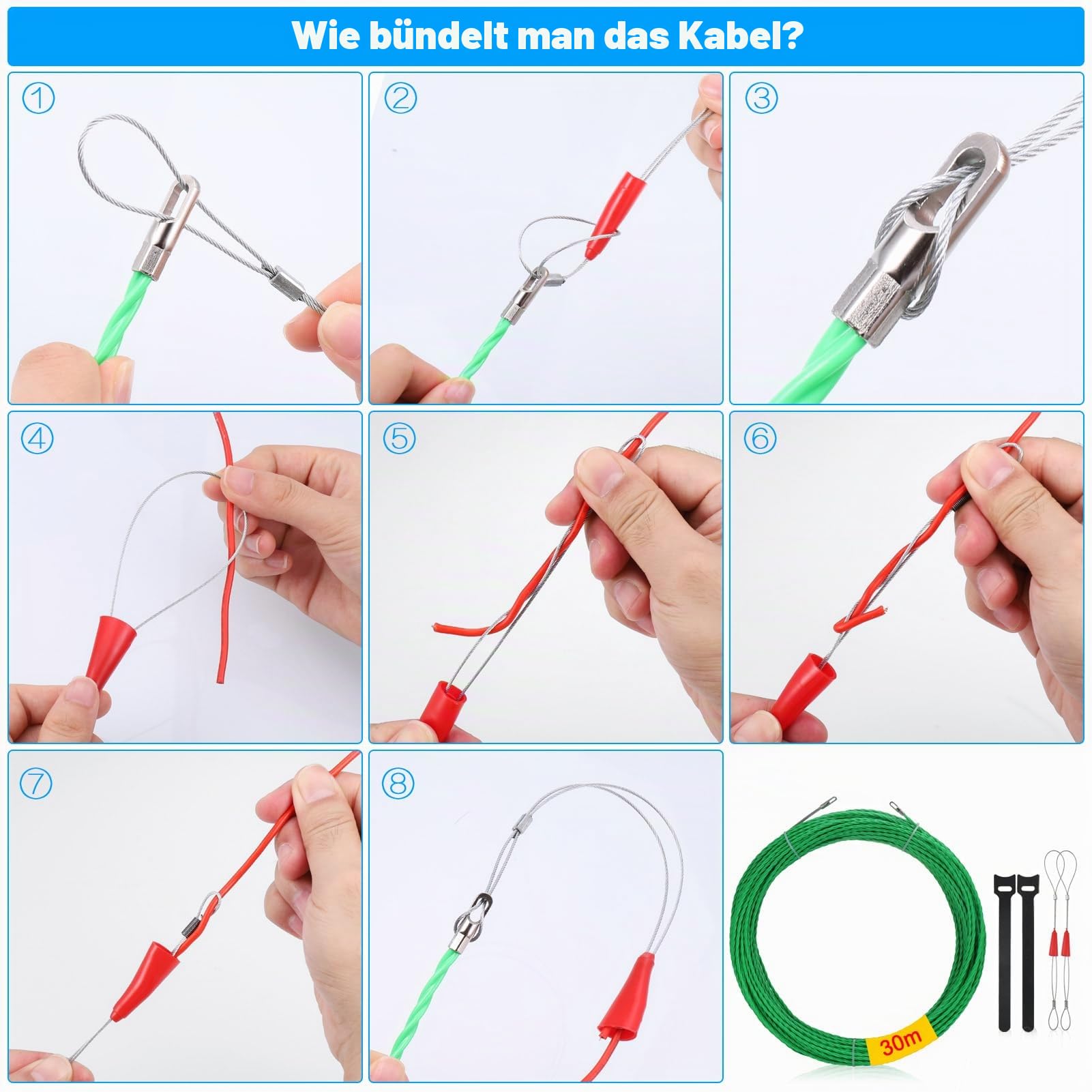 Zocipro φ4,5mm/30m Kabeleinziehhilfe Einziehspirale Zugdraht, mit 2 Führungsfeder und 2 Kabelbinder,Einziehband Kabeleinzug Einziehhilfen in ideales Einzugsband zur Kabelverlegung Leerrohre, Grün