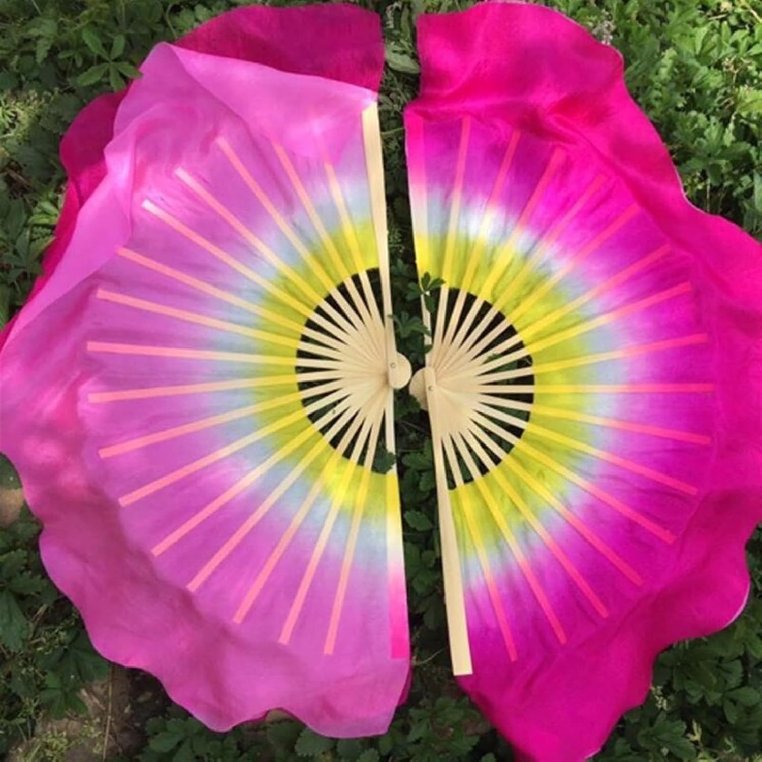 ベリーダンスシルクベール 1組 ショート竹半円シルク 両面 2色グラデーション(Beige,46cm(18 Inch))