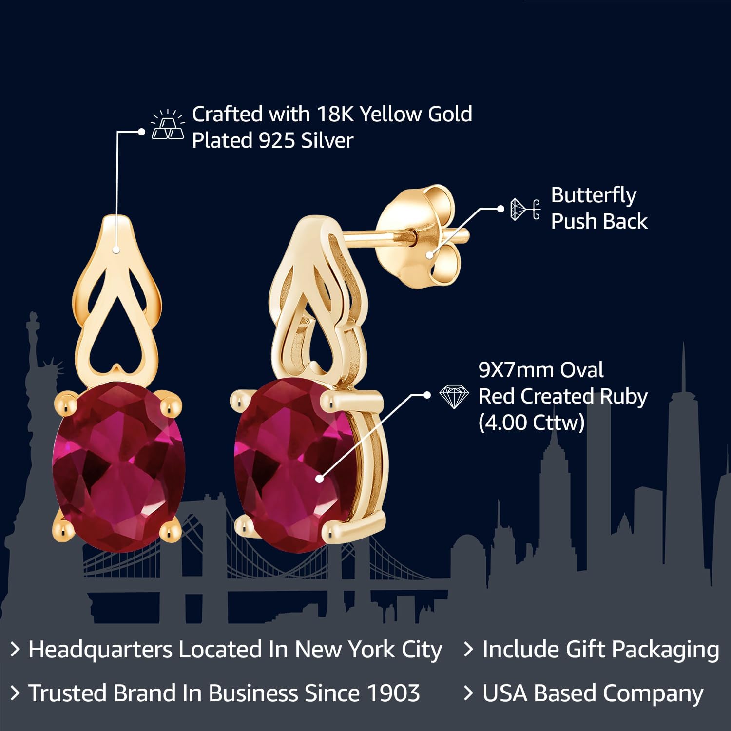 Gem Stone King 9X7MM Oval Gemstone Birthstone Drop Dangle Earrings For Women | 18K Yellow Gold Plated Silver | Fine Jewelry Gifts for Her Mom Women Wife - Image 2